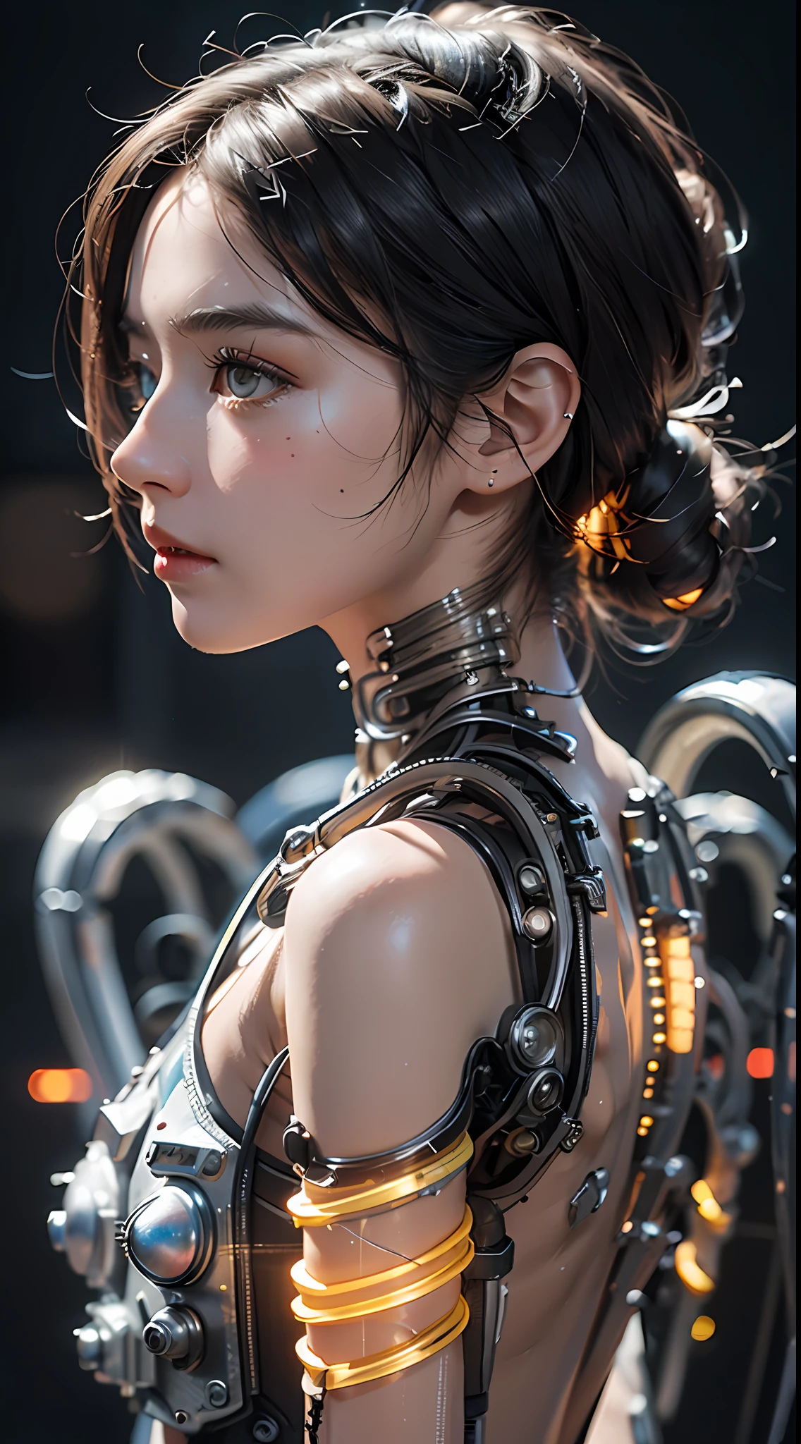 A cute mechanical cyberpunk Battle Angel Alita, translucent lacework mechanical limbs and body, blood vessels connected to tubes,mechanical vertebra attaching to back, mechanical cervical attaching to neck, wires and cables connecting to head, realistic details, shadows, octane render, 8k, ultra hyperdetailed, highly intricate details, realistic light, trending on cgsociety, big eyes, neon details, depth of field f/2.8