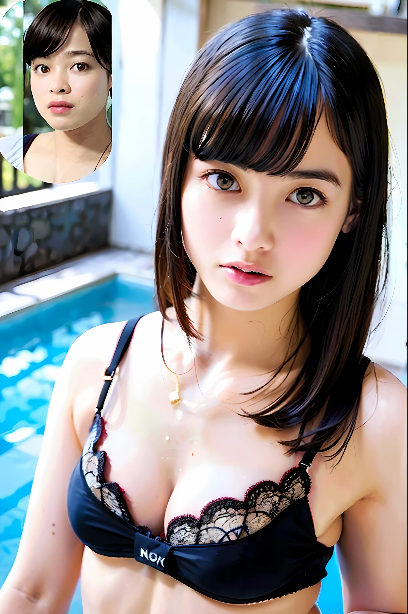 ((Best Quality, 8k, Masterpiece: 1.3)), Sensual Women, 1 Girl 1 Man, Big: 1.3, (Firm Abs, Slender Figure: 1.2), Dark brown hair, Short hair, Full body, Standing figure, Black bra, Black G-string panties, Next to indoor pool, Full body, Ultra detailed face, Detailed lips, Detailed eyes, More big, Double eyelids, Racy underwear, Pimp-like underwear, Pip-like bra, large areola sticking out of underwear, bra shifting to show off big, bare, missionary position, sperm dripping at the mouth of the uterus