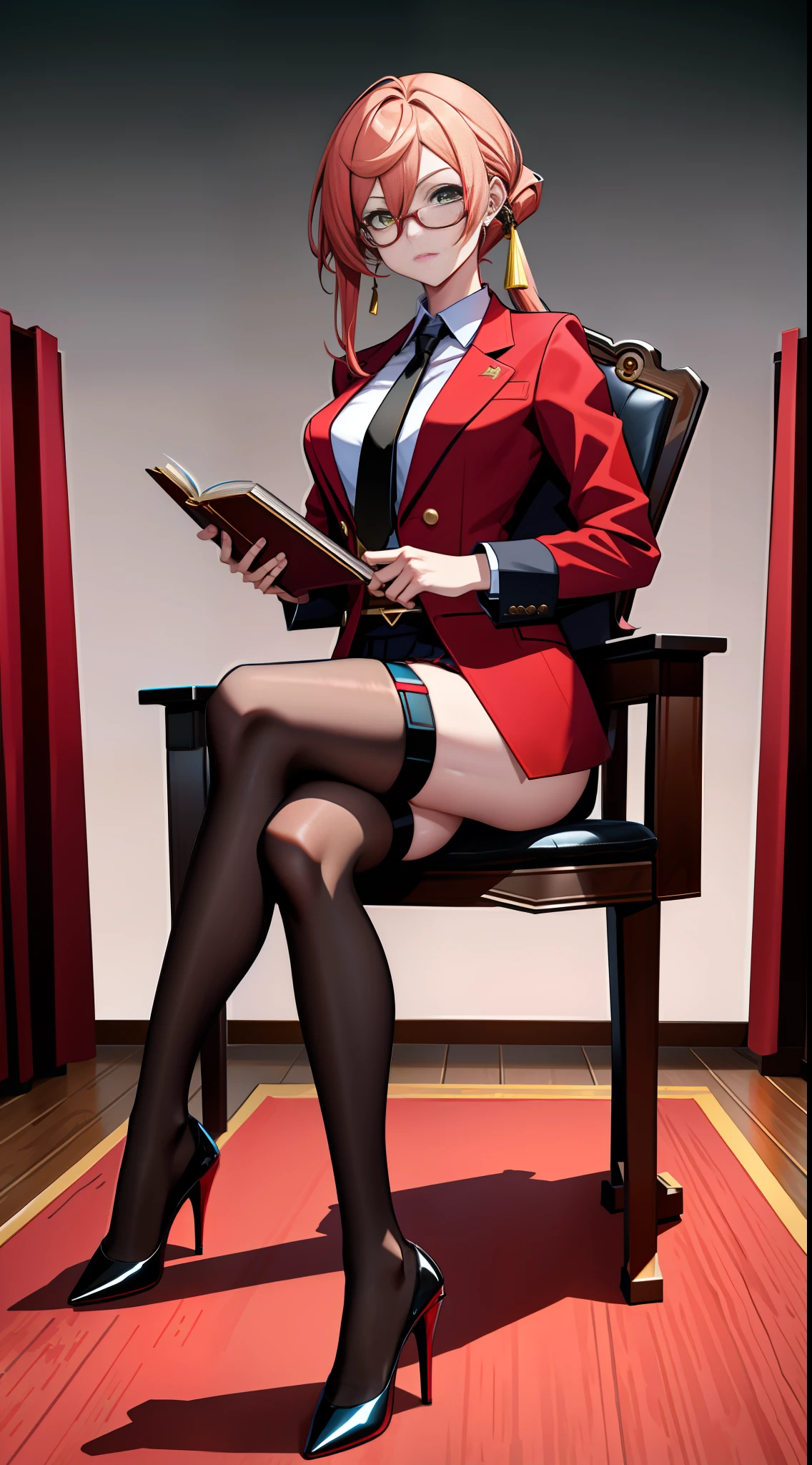 Masterpiece, Best quality, rich details , video game Genshin Shock, Genshin Impact style, 1 girl, (Seduction), (adult female), 30 years old, smoky crimson, lawyer, red shirt, black suit, yellow tie, bag skirt, gold wire-rimmed glasses, (black stockings), red high heels, sitting on chair, book, holding, full body, in the office, (((complex background))))