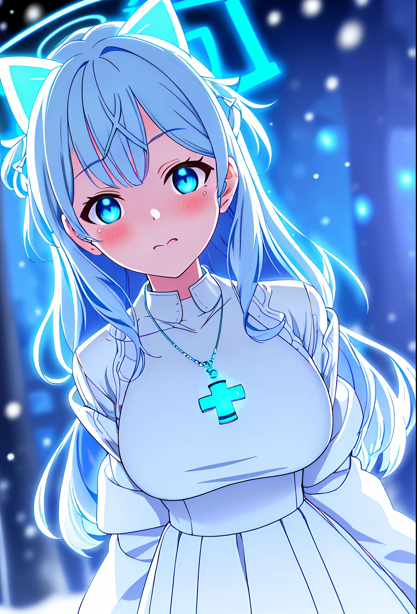 (sunaookami shiroko:1.2), {{{{masterpiece, extremely detailed, intricate details, soft focus, 8K, highres, depth of field, absurdres, high quality facial shadowing, dynamic shadowing, extreme shaders, cinematic lighting, perfect lighting, soft lighting, hazy lighting, blurry foreground, lens flare}}}}, best quality, asian qualities, {front view}, (solo:1.2), (beautiful young girl:1.3), high school girl, {{{extremely detailed girl, perfect anatomy, perfect body}}}, (detailed neon angel halo:1.4), bright blue double halo, (beautiful-detailed hair:1.3), dark silver hair, luscious curly hair, (hair splayed out:1.2), beautiful-detailed facial structure, detailed beautiful face:1.3, sexy face, cute face, slender facial structure, (detailed face:1.33), (beautiful-detailed eyes:0.7), big eyes, (detailed eyes:1.2), glowing bright blue eyes, cat eyes, silver cat ears, (detailed boobs:1.3), small size boobs, (detailed facial expression:1.1), shy, slightly open mouth, detailed red blush, shy hand gesture, (detailed hair ornament:1.3), (white angel side hair ornament:1.3), (detailed necklace:1.2), (glowing blue cross necklace:1.3), (winter school uniform:1.3), beautiful-detailed pure white off-shoulder fluffy school jacket, beautiful-detailed white blouse, beautiful-detailed white winter micro-skirt dress, winter night, (enhanced background:1.4), snow falling at midnight with clear skies overhead, snow on sidewalks with Christmas lights on tree's surrounded the viewer, (cowboy shot:1.1), hazy photo, (warm photo:1.3)