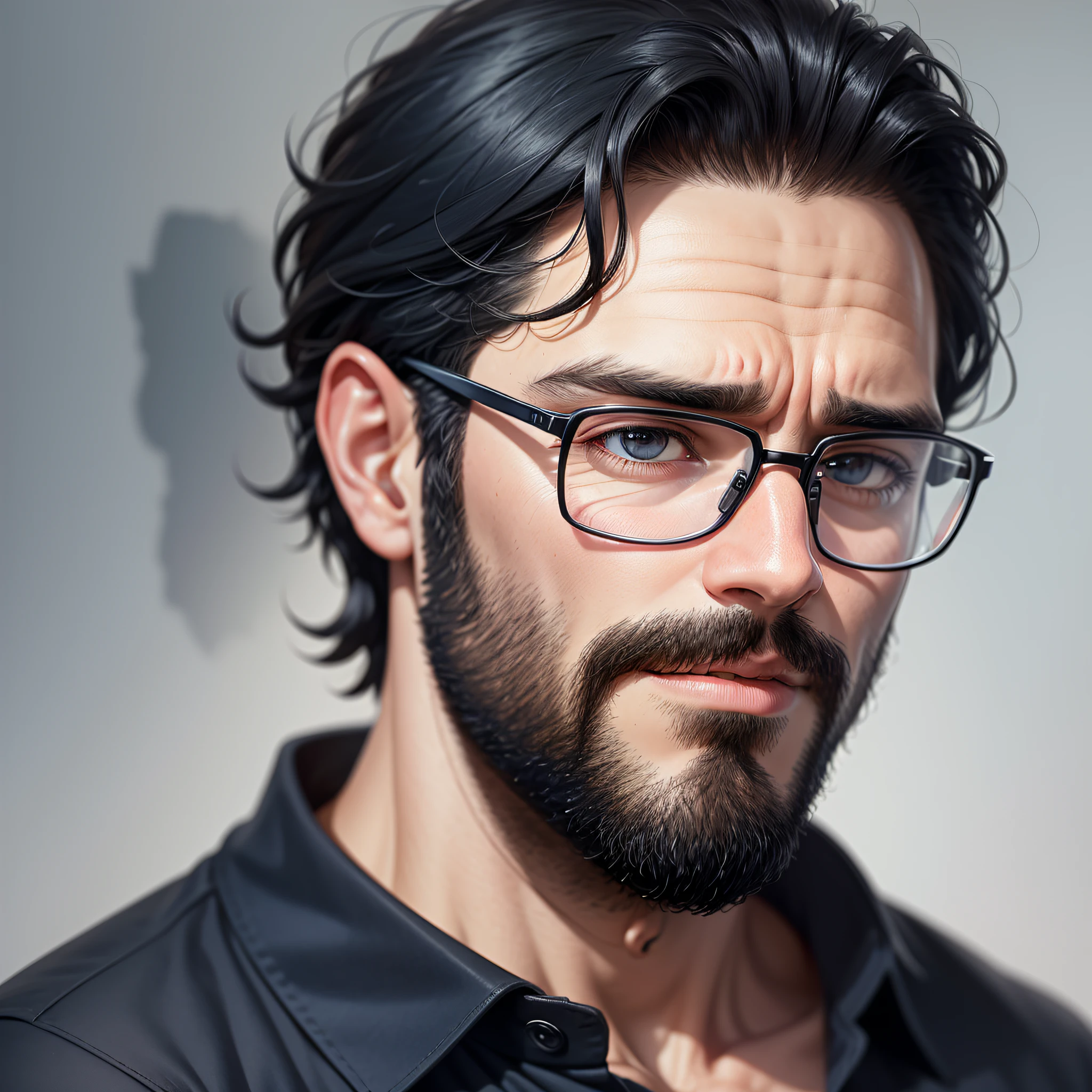 A 30-year-old man, thin beard, shivering black hair, wearing glasses, navy blue shirt, this photo has to be ultra realistic, 4k --auto --s2