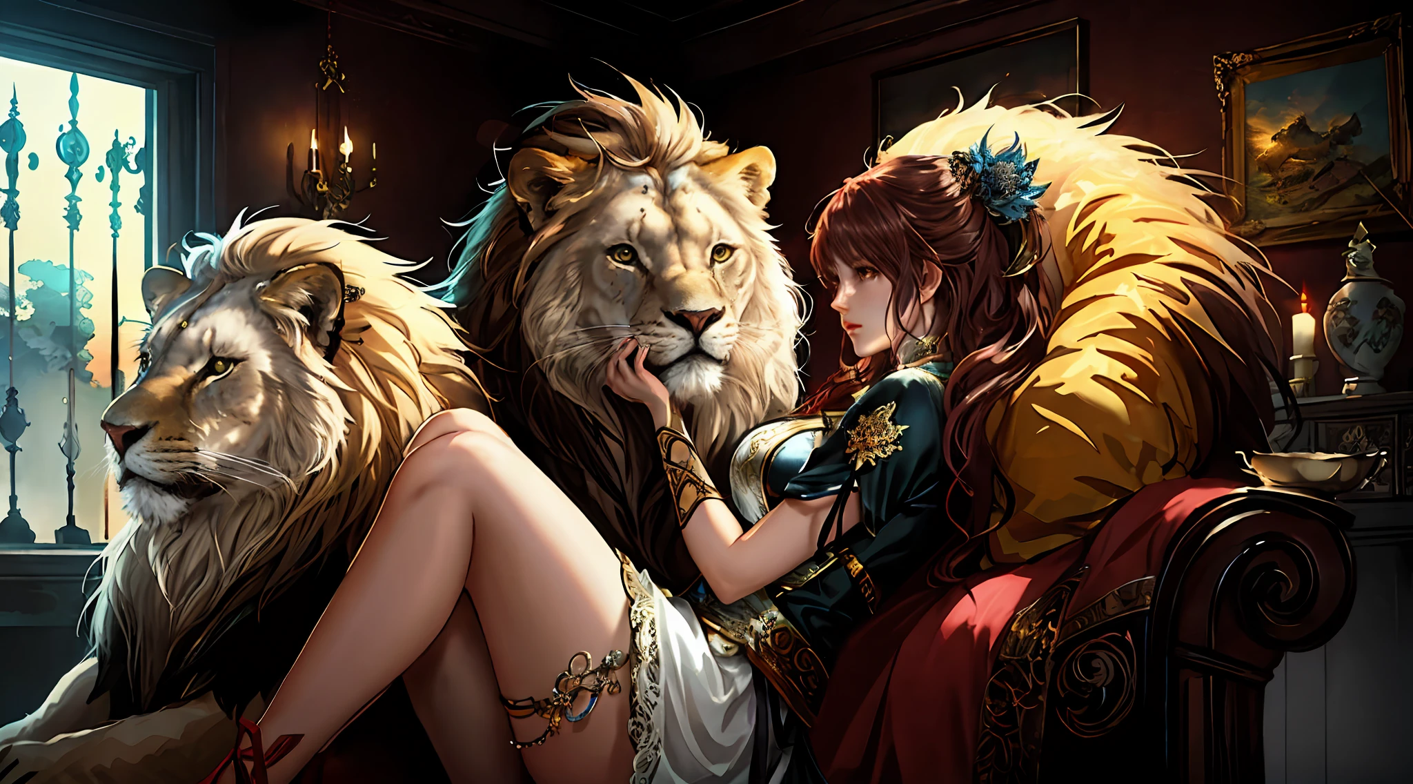 there are two women sitting on a chair with two lions, by Yang J, detailed digital anime art, gorgeous goddess of leo, anime fantasy illustration, high detailed official artwork, cushart krenz key art feminine, 2. 5 d cgi anime fantasy artwork, trending on artstation pixiv, 8k high quality detailed art, fantasy art style