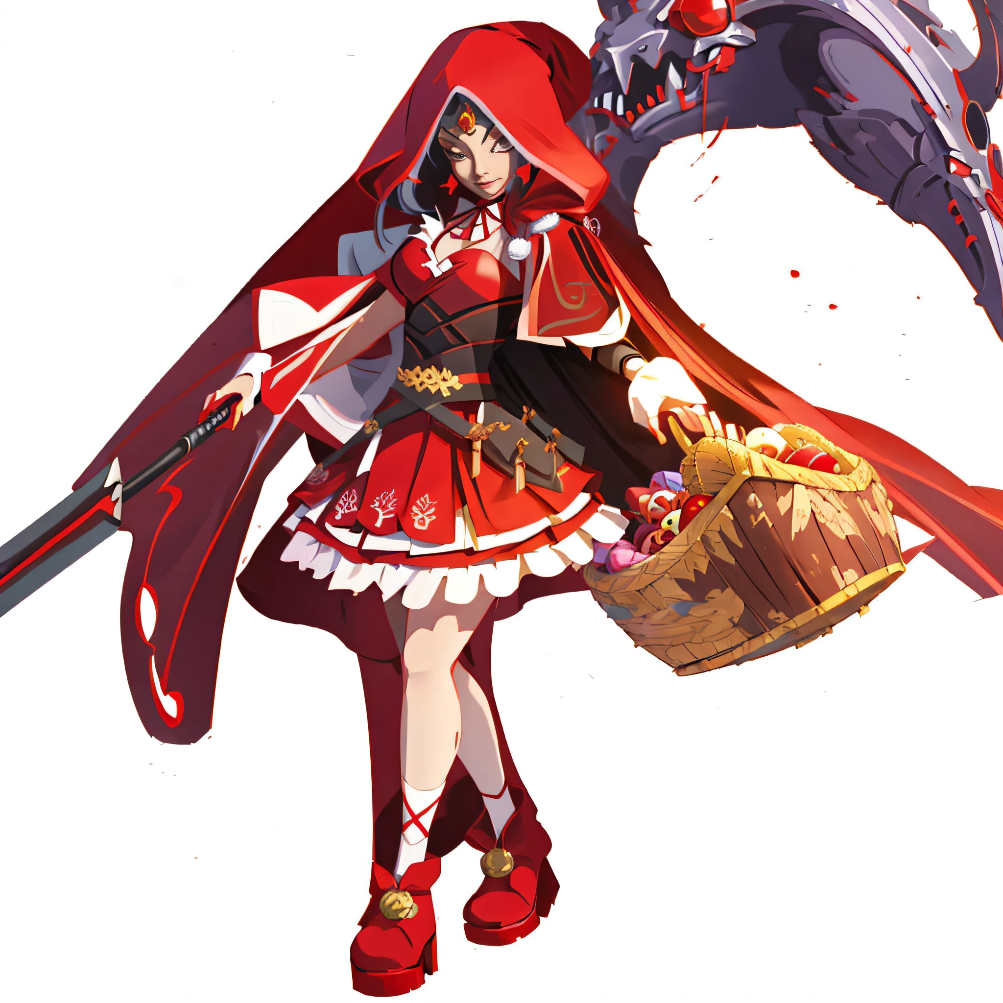 Anime Girl with a Scythe and a Basket of Gifts, Red Turban Mage, Rogue Little Red Riding Hood, Moon Theme Costume, Crimson Theme, Little Red Riding Hood, Ayaka Source Heart Impact, Should Tear Blood, Pyrrole Scarlet, Crimson Costume, April Rendering, Bai Ling Art Rendering, Rouge Female Assassin, Ayaka Game Genshin Impact, Evil Smile,