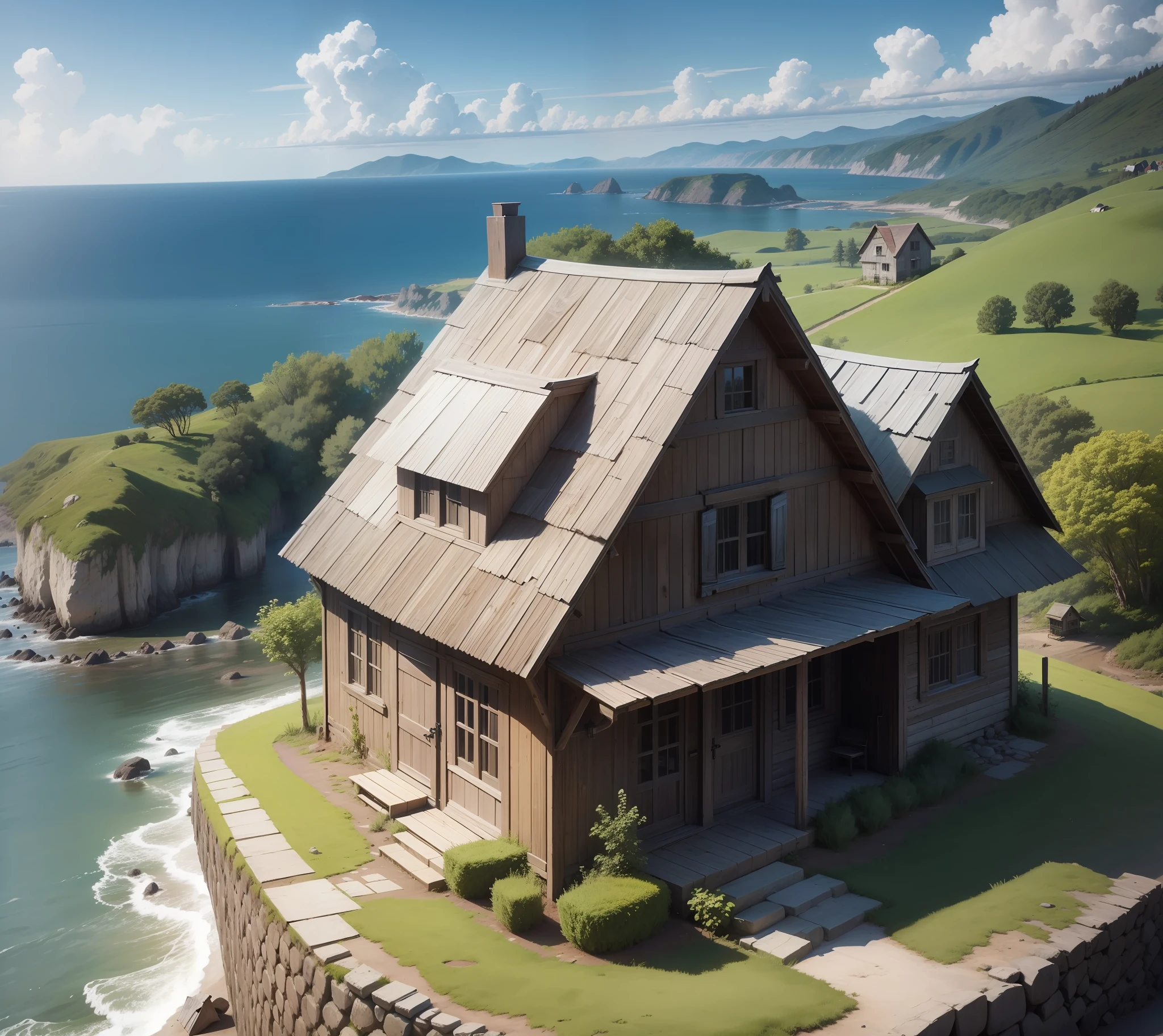 Old wooden house on a hill, with a clearing, an old well, and sea view, realistic, fine details