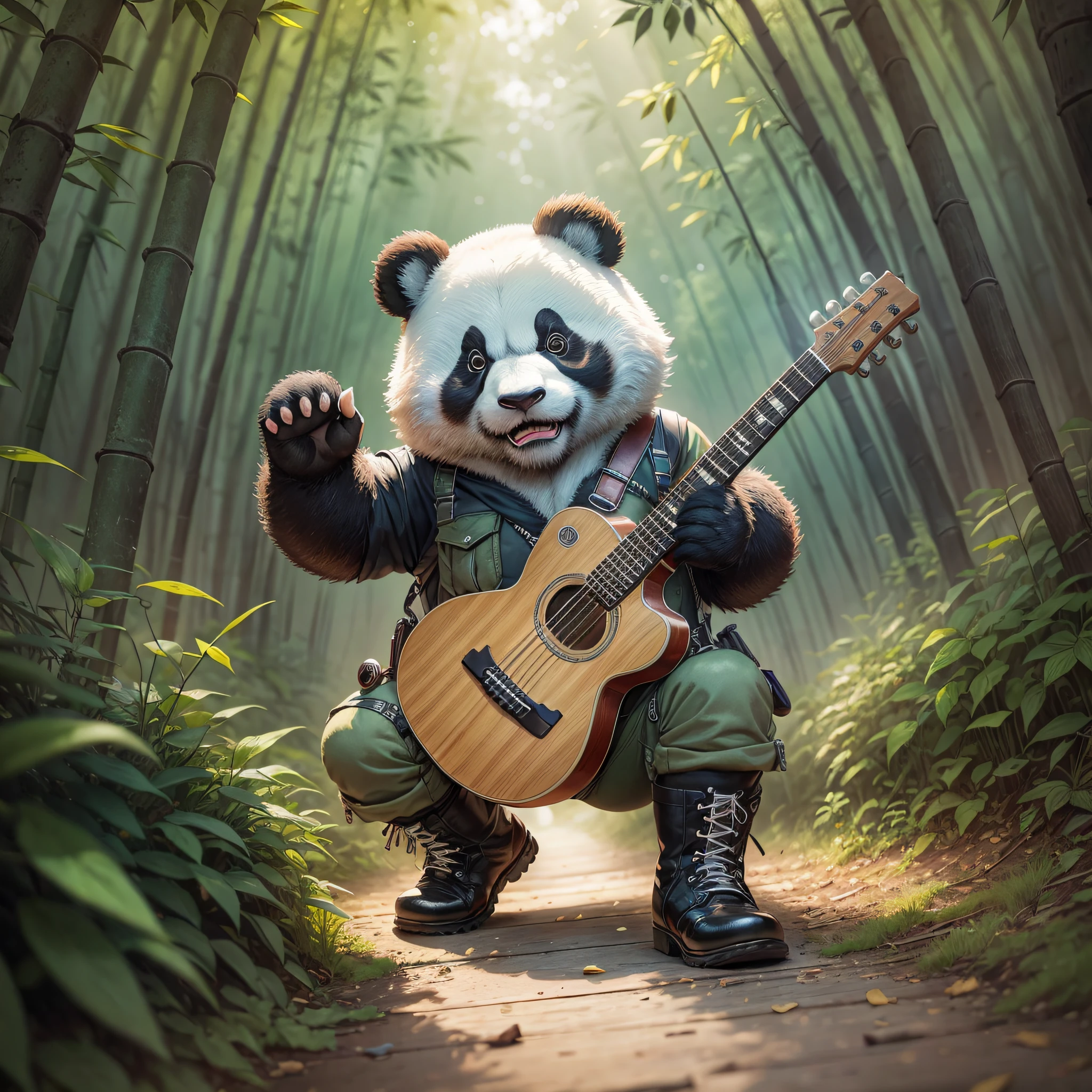 Panda playing guitar, leather boots, cargo pants, HDR, riverside, stakes, bamboo forest, front lighting, cartoon style