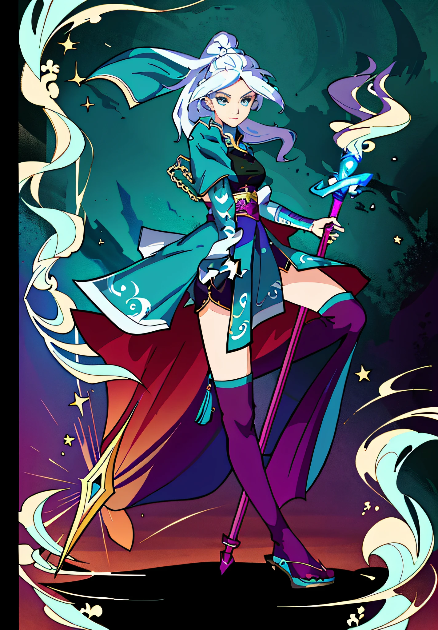 Best quality, high resolution, a girl with a staff, sharp line art, clean line art, female mage, detailed full body concept, as DND character, DND character concept, full body concept, character pose concept art, clear costume design, complex fantasy character, magical game background, quality light and shadow, portrayal of face details