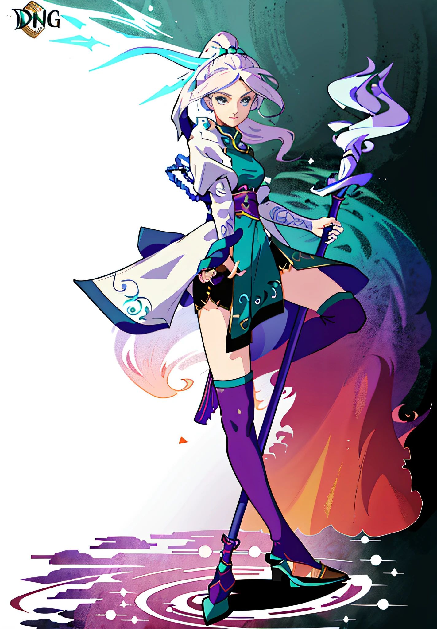 Best quality, high resolution, a girl with a staff, sharp line art, clean line art, female mage, detailed full body concept, as DND character, DND character concept, full body concept, character pose concept art, clear costume design, complex fantasy character, magical game background, quality light and shadow, portrayal of face details