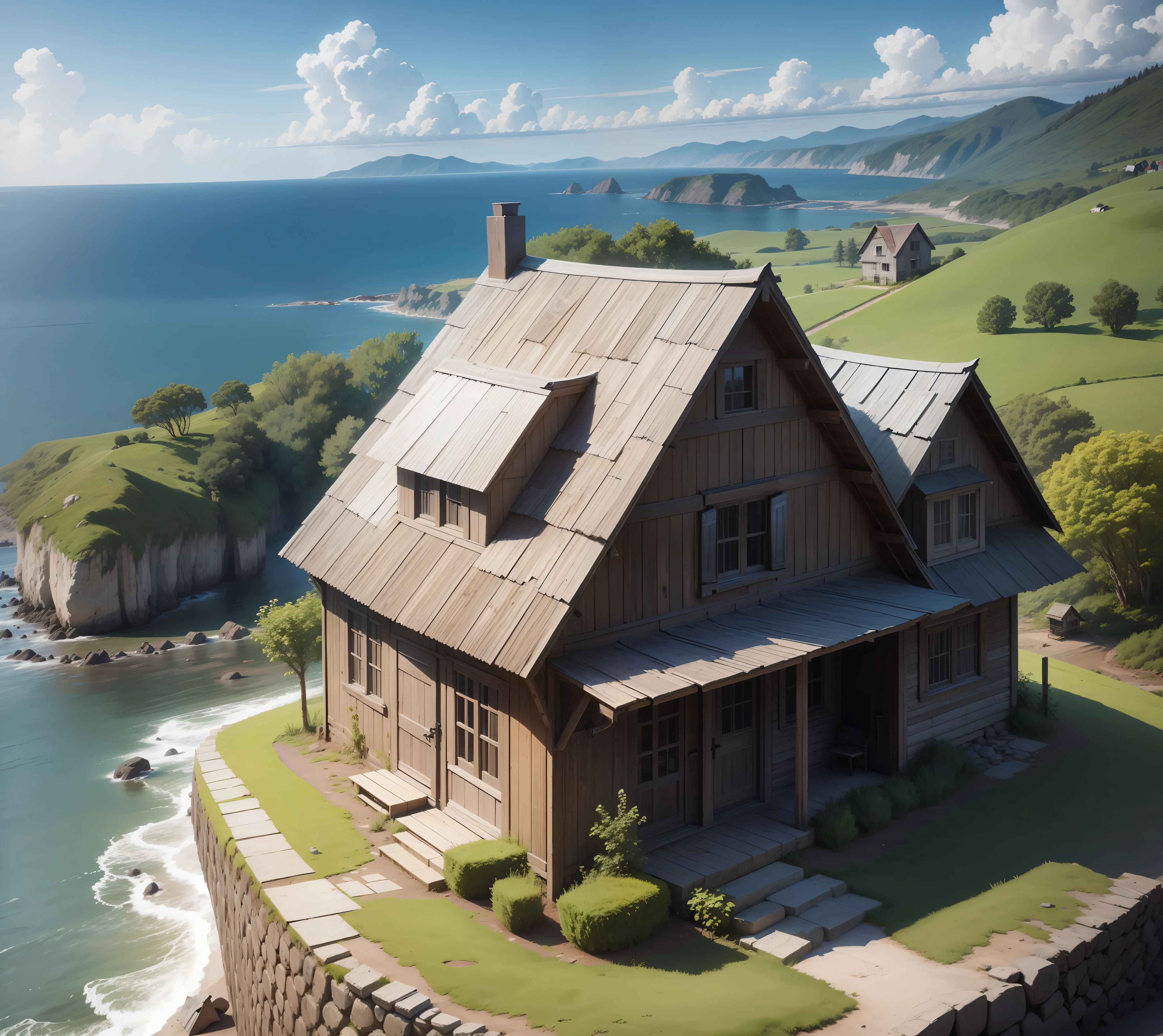 Old wooden house on a hill, with a clearing, an old well, and sea view, realistic, fine details