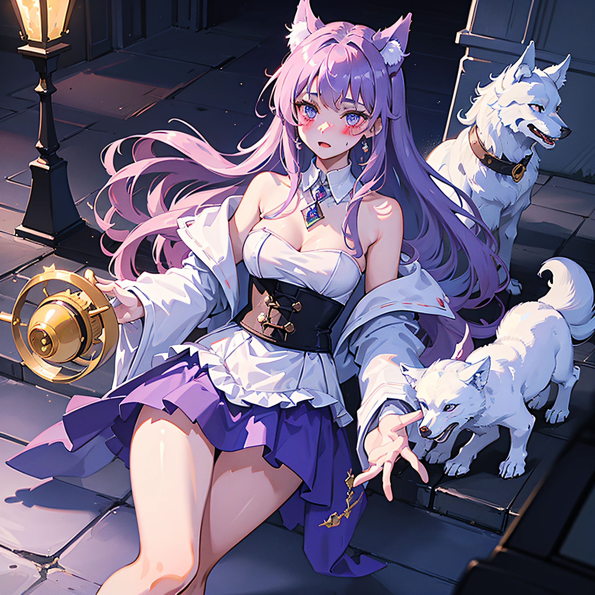 (masterpiece),best quality, ultra-detailed, sparkling eyes, semi-long hair, luminous products, blush, (recovery wizard + wolf + pet:1.3), purple eyes, skirt, night, mature, walking, forest.