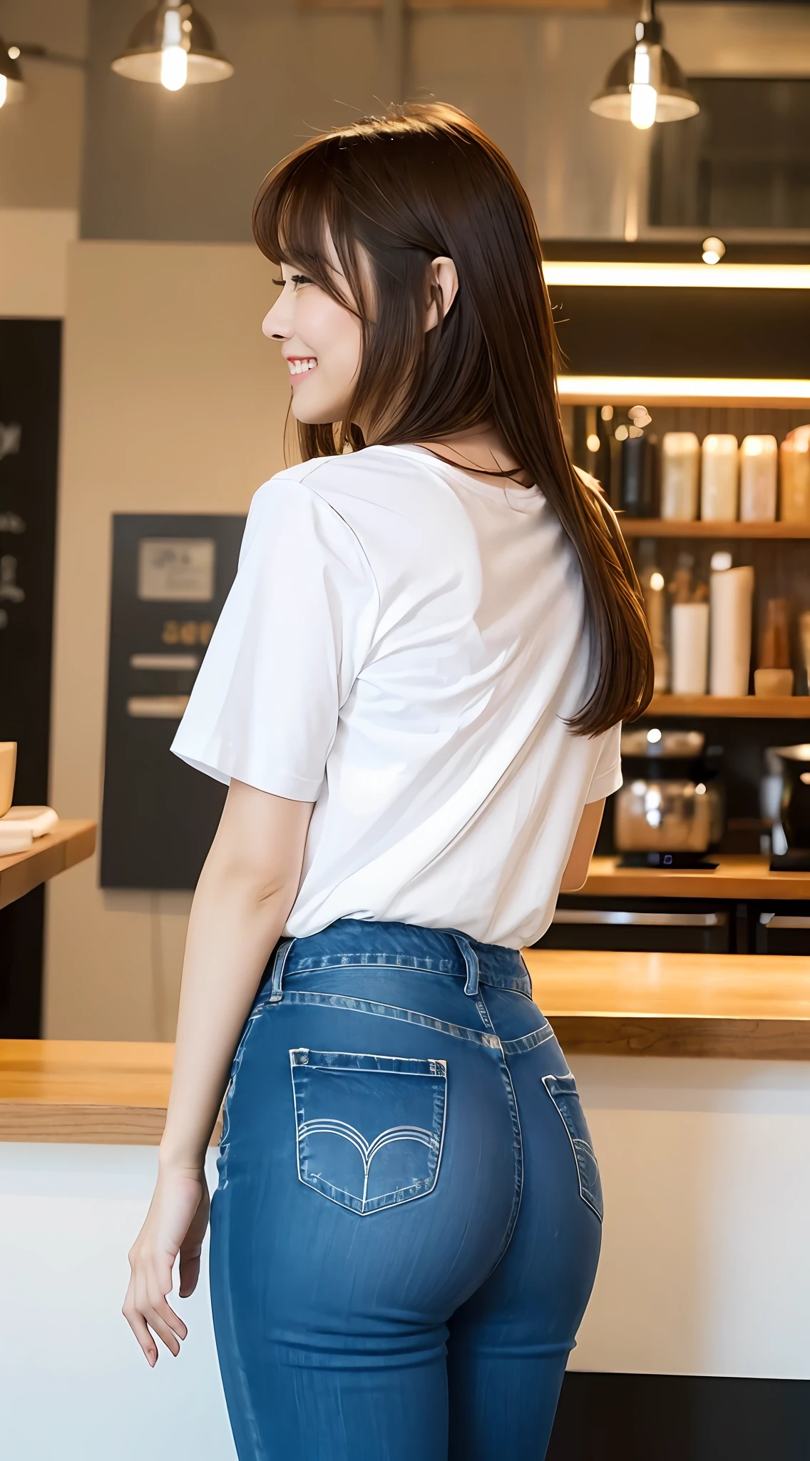 (Top Quality, 8k, 32k, Masterpiece, UHD: 1.2), Cute Japan Woman Pictures, 1 Girl, Profile (Big), (Tall Women), (Abs, Slim Figure: 1.2), (Lips), (Medium Short Dark Brown Hair), Big Size White Tee Shirt, Big Butt Protruding, Tight Jeans, Big Upturned Buttocks, Cafe Counter, Order coffee, smile,