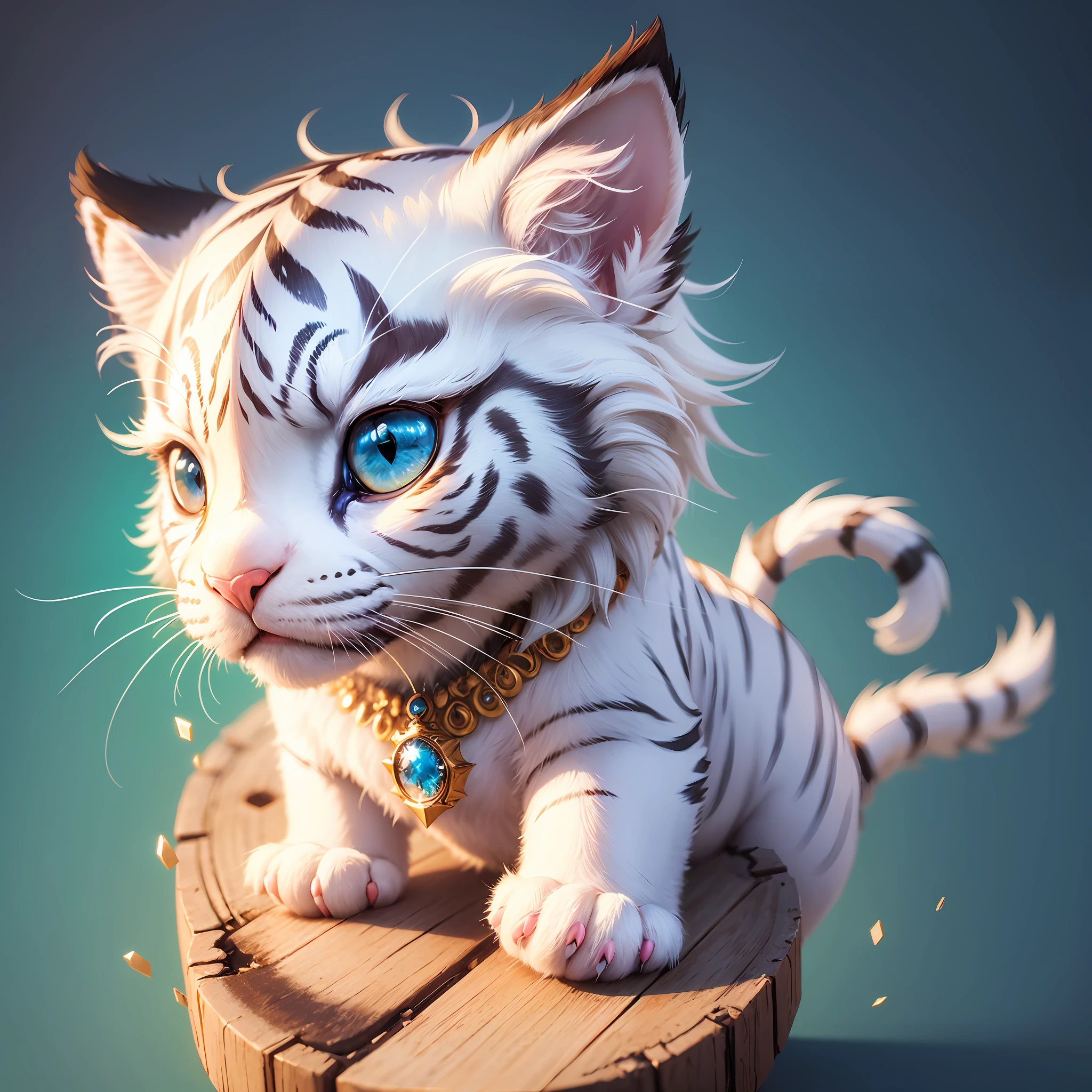cute tiny hyperrealistic white tiger with different color eyes waring a necklace, Chibi, adorable and fluffy, logo design, cartoon, cinematic lighting effect, charming, 3D vector art, cute and quirky, fantasy art, bokeh, hand-drawn, digital painting, soft lighting, isometric style, 4K resolution, photorealistic rendering, highly detailed clean, vector image, photorealistic masterpiece, professional photography, simple space backdrop, flat white background, isometric, vibrant vector --auto --s2