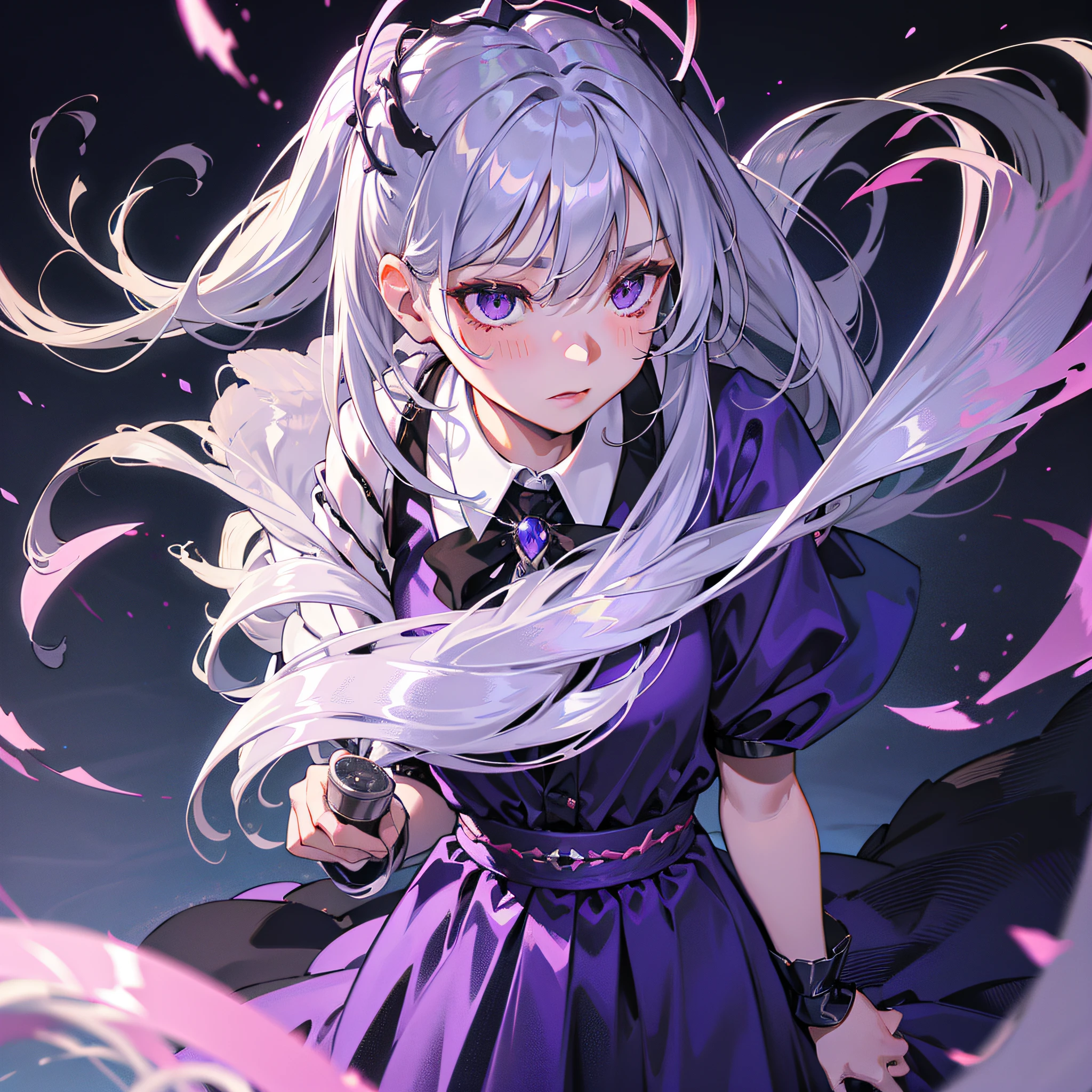 gray hair, semi-long hair, purple eyes, glowing eyes, skirt, blush, night, mature, recovery wizard, wolf, pet, walk