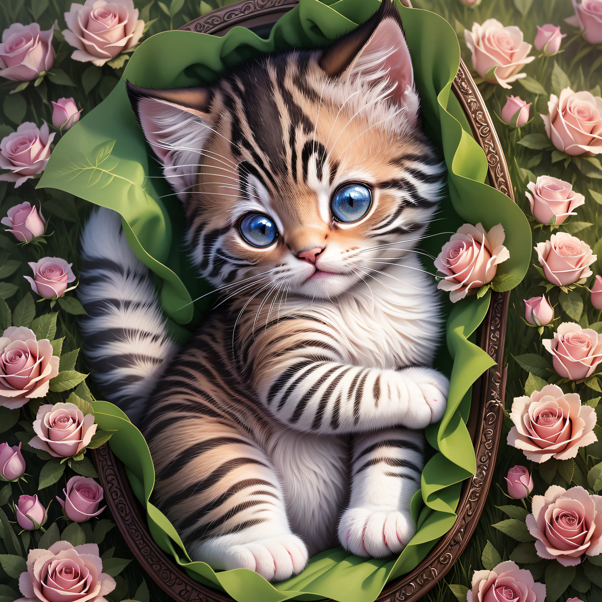 Photos, photo-like quality, ultra-detailed CG art, adorable kitten surrounded by ethereal roses, kitten, one, non-human, highest quality, high resolution, intricate details, fantasy, cute animals, best expression, sleeping on grass, pampering pose
