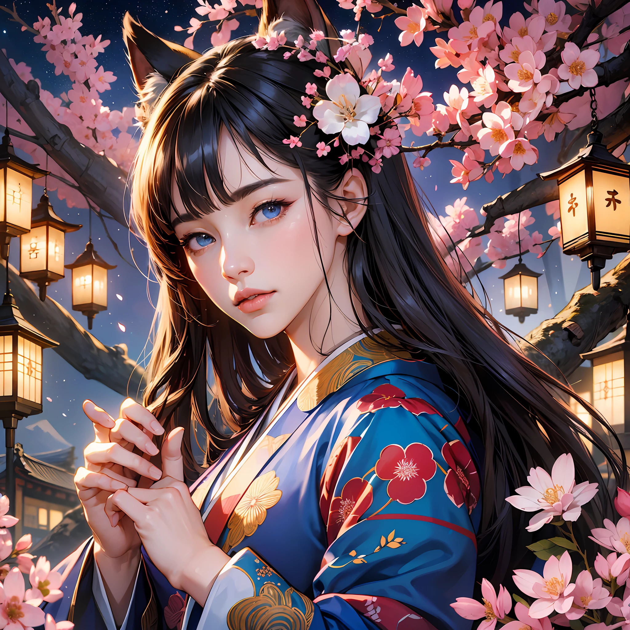 (absurdres, highres, ultra detailed), close-up of face, emphasis on face, focus on face, one woman, mature woman, aged, long straight hair, shiny beautiful hair, blue eyes, bangs, long sleeves, finely drawn eyes and detailed face, eye highlights, hands without breaks, rich lighting, pale pink lips, highly detailed CG unified 8K wallpaper, realistic, smooth skin, intricate details, portrait, gazing, solo, half shot, finely drawn face, soft smile, dynamic pose, classical period, (Ancient Japanese Subject: 1.1), Japan Mythology, Fox Ears, Japanese, Ruler, Blue Kimono, Floral Kimono, Ancient Themes, (Prosperous Civilization: 1.1), Moon in Background, (Immaculate: 1.1) Shrine, Torii Gate, Japanese Landscape, Old City in Background, Fox Mask, Fantastic, Dreamy, Romantic, Light Dancing, Lantern, Austerity, Night, Darkness, Stars, Portrait, Cinematic Lighting, floral hairpiece, having a date, cherry blossom --auto --s2
