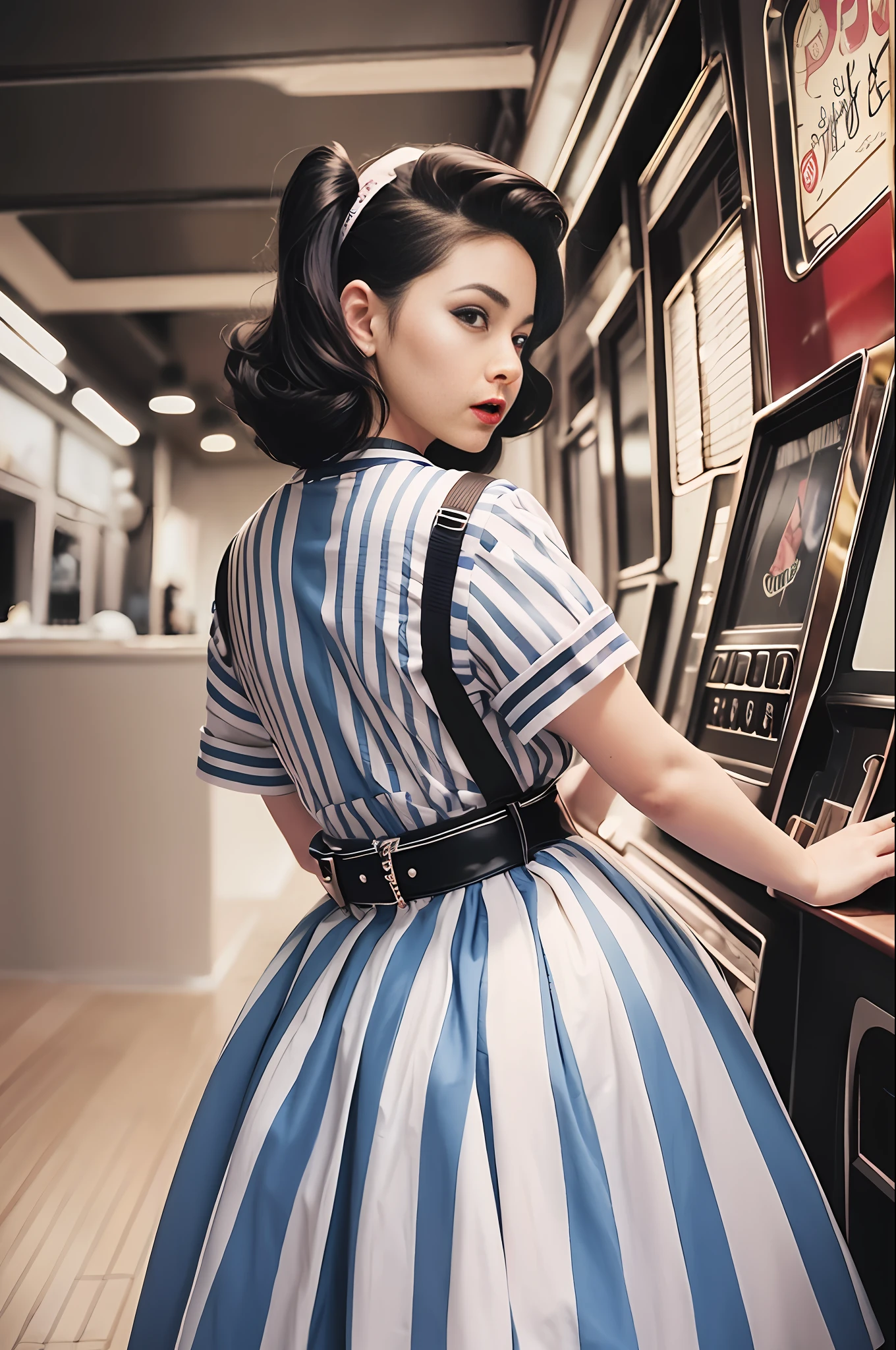 Rockabilly fashion, 50s American fashion, (masterpiece, top quality, highest quality, watercolor (medium), official art, beautiful and aesthetic: 1.2), (1 girl: 1.3), (rockabilly: 1.3), (18 years old Japan person: 1.2), rockabilly, white short sleeve blouse, (polka dot circular skirt: 1.3), ponytail with large ribbon, bobby soxer, Saddle Shoes, Rock 'n' Roll, Long Skirt, Dance, (Jukebox: 1.3), Twist, American Rock, Instant Camera