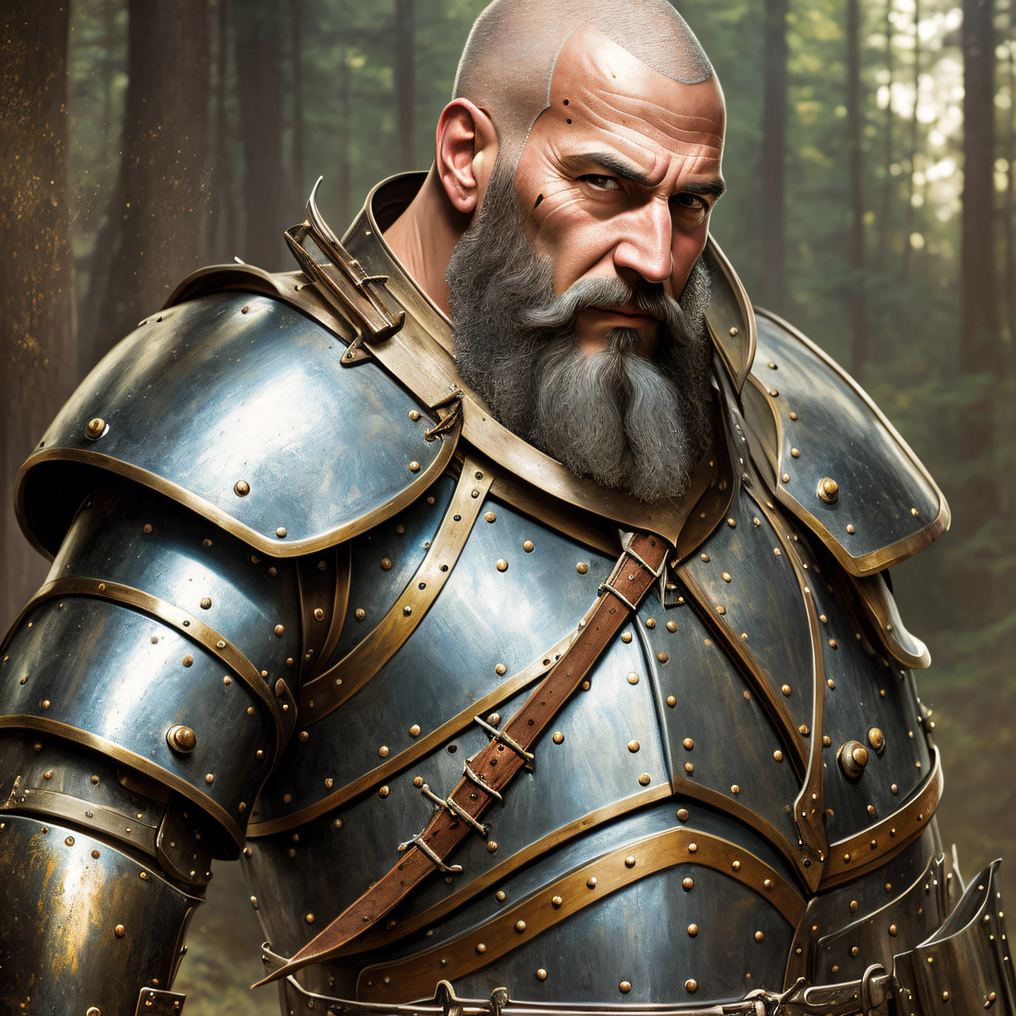 portrait of A man with shaved hair and long dark beard, with a plate armor, painted by: Ted Nasmith, Super realistic, maximum rendering