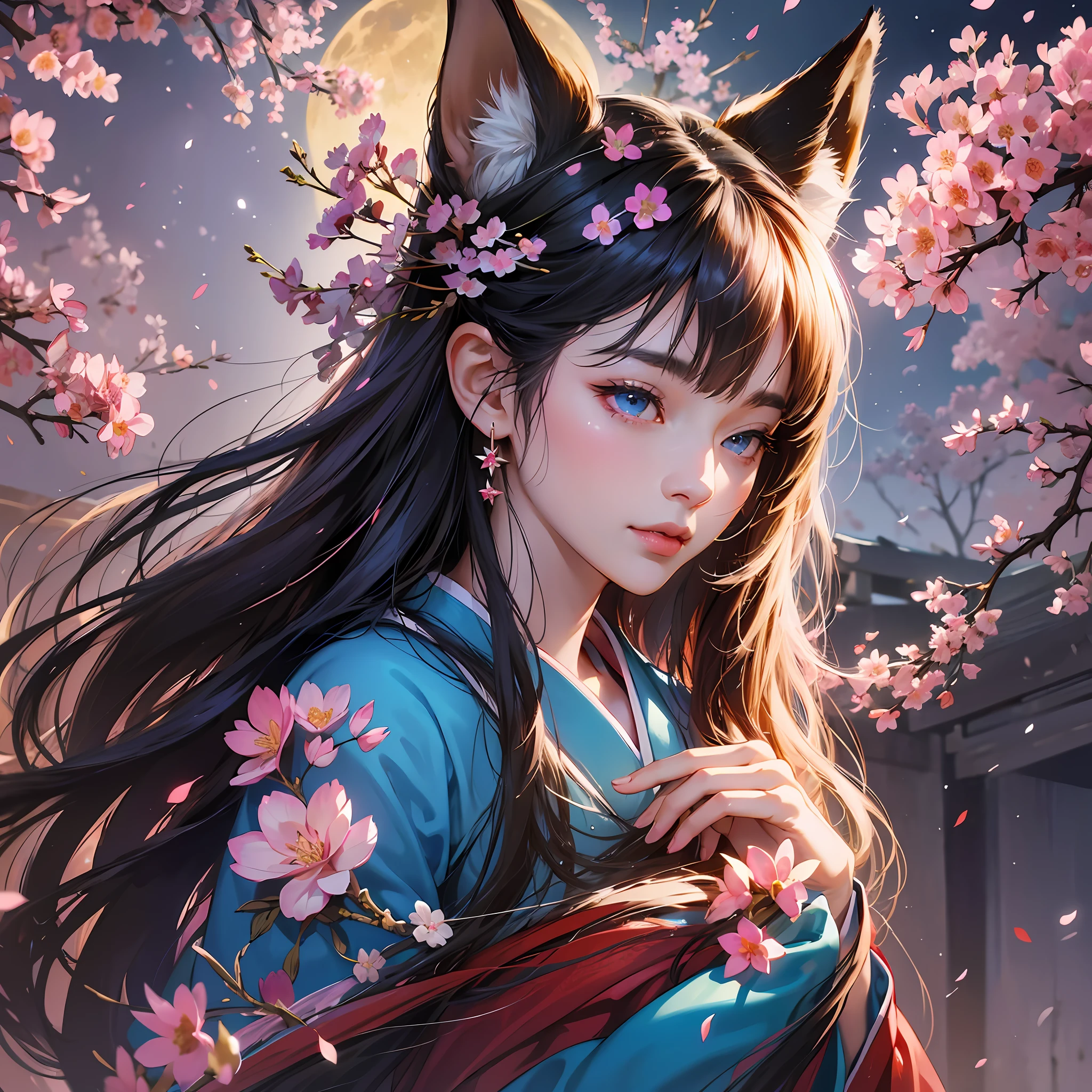 (absurdres, highres, ultra detailed), close-up of face, emphasis on face, focus on face, one woman, mature woman, aged, long straight hair, shiny beautiful hair, blue eyes, bangs, long sleeves, finely drawn eyes and detailed face, eye highlights, hands without breaks, rich lighting, pale pink lips, highly detailed CG unified 8K wallpaper, realistic, smooth skin, intricate details, portrait, gazing, solo, half shot, finely drawn face, soft smile, dynamic pose, classical period, (Ancient Japanese Subject: 1.1), Japan Mythology, Fox Ears, Japanese, Ruler, Blue Kimono, Floral Kimono, Ancient Themes, (Prosperous Civilization: 1.1), Moon in Background, (Immaculate: 1.1) Shrine, Torii Gate, Japanese Landscape, Old City in Background, Fox Mask, Fantastic, Dreamy, Romantic, Light Dancing, Lantern, Austerity, Night, Darkness, Stars, Portrait, Cinematic Lighting, floral hairpiece, having a date, cherry blossom --auto --s2