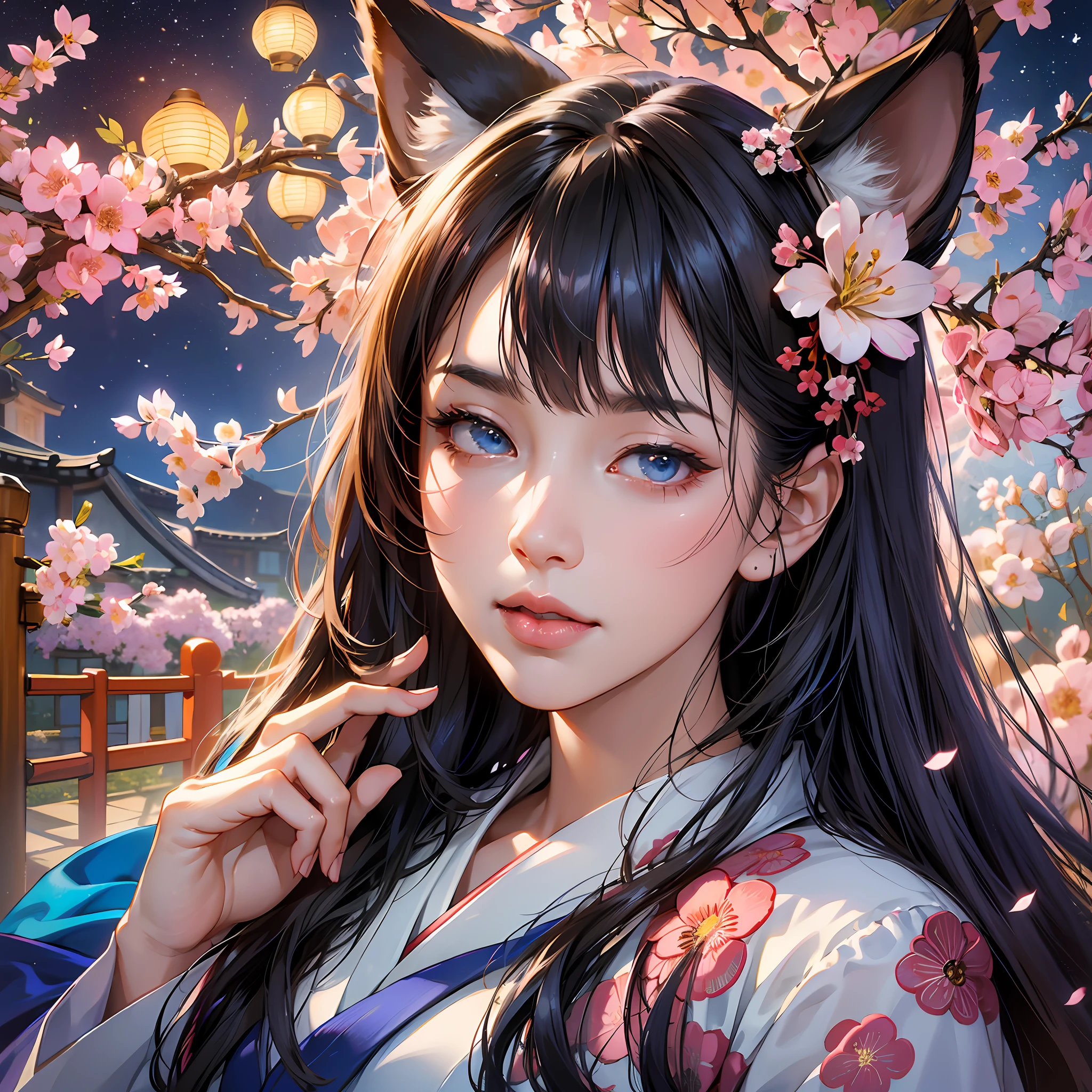 (absurdres, highres, ultra detailed), close-up of face, emphasis on face, focus on face, one woman, mature woman, aged, long straight hair, shiny beautiful hair, blue eyes, bangs, long sleeves, finely drawn eyes and detailed face, eye highlights, hands without breaks, rich lighting, pale pink lips, highly detailed CG unified 8K wallpaper, realistic, smooth skin, intricate details, portrait, gazing, solo, half shot, finely drawn face, soft smile, dynamic pose, classical period, (Ancient Japanese Subject: 1.1), Japan Mythology, Fox Ears, Japanese, Ruler, Blue Kimono, Floral Kimono, Ancient Themes, (Prosperous Civilization: 1.1), Moon in Background, (Immaculate: 1.1) Shrine, Torii Gate, Japanese Landscape, Old City in Background, Fox Mask, Fantastic, Dreamy, Romantic, Light Dancing, Lantern, Austerity, Night, Darkness, Stars, Portrait, Cinematic Lighting, floral hairpiece, having a date, cherry blossom --auto --s2
