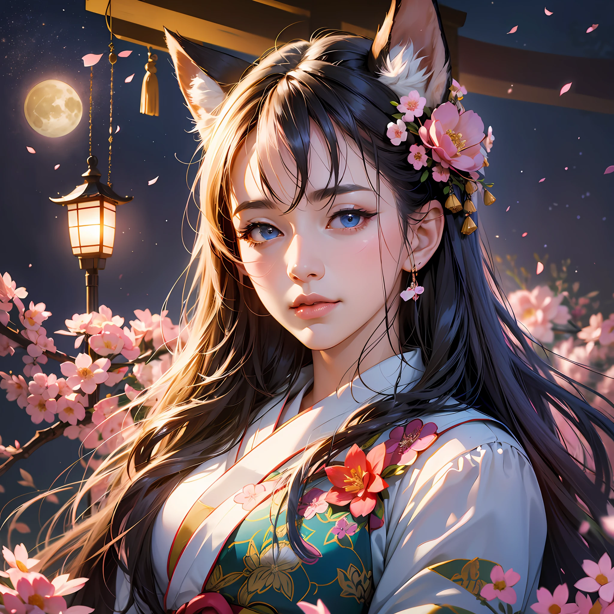 (absurdres, highres, ultra detailed), close-up of face, emphasis on face, focus on face, one woman, mature woman, aged, long straight hair, shiny beautiful hair, blue eyes, bangs, long sleeves, finely drawn eyes and detailed face, eye highlights, hands without breaks, rich lighting, pale pink lips, highly detailed CG unified 8K wallpaper, realistic, smooth skin, intricate details, portrait, gazing, solo, half shot, finely drawn face, soft smile, dynamic pose, classical period, (Ancient Japanese Subject: 1.1), Japan Mythology, Fox Ears, Japanese, Ruler, Blue Kimono, Floral Kimono, Ancient Themes, (Prosperous Civilization: 1.1), Moon in Background, (Immaculate: 1.1) Shrine, Torii Gate, Japanese Landscape, Old City in Background, Fox Mask, Fantastic, Dreamy, Romantic, Light Dancing, Lantern, Austerity, Night, Darkness, Stars, Portrait, Cinematic Lighting, floral hairpiece, having a date, cherry blossom --auto --s2