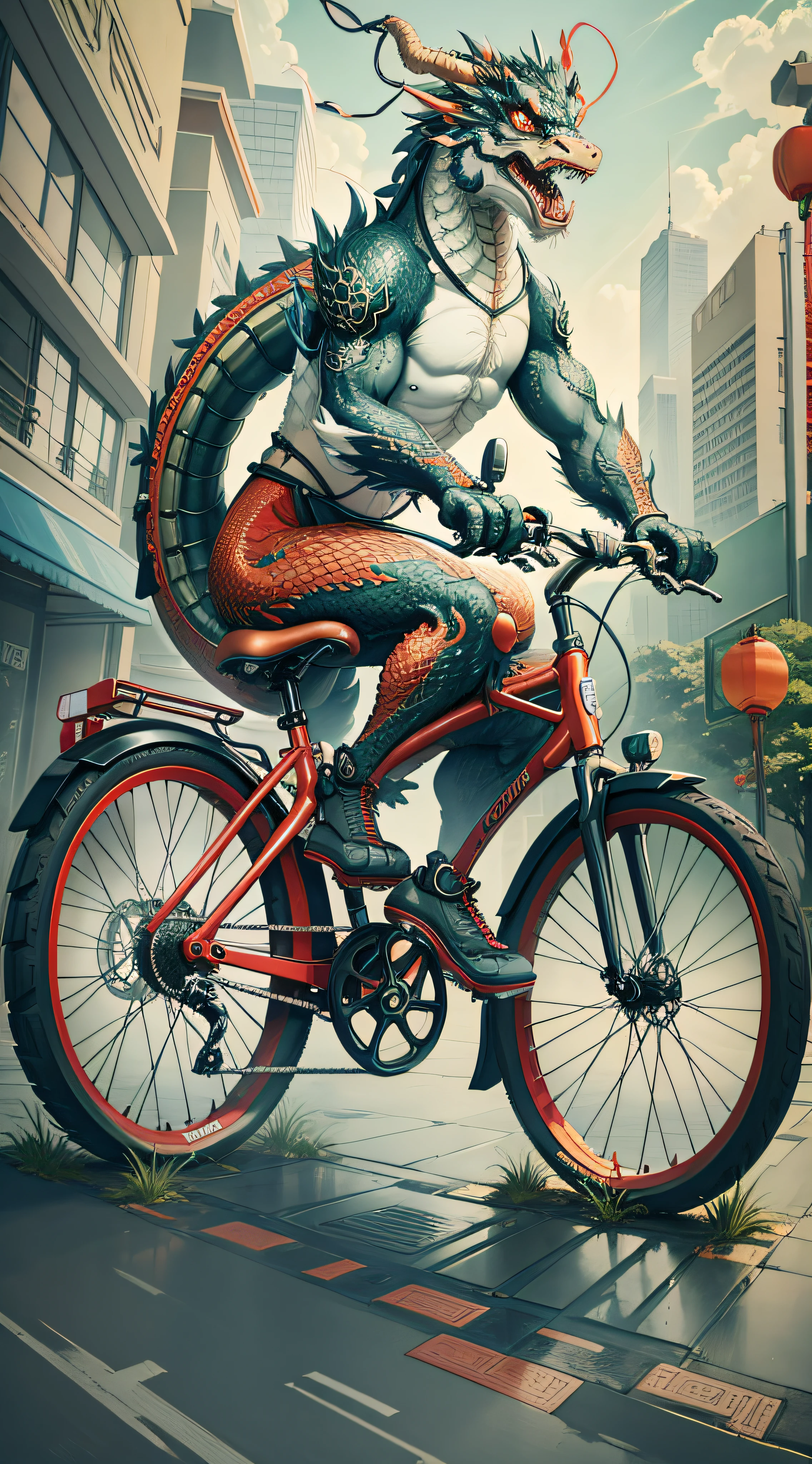 (chinese dragon), (riding an electric bike).