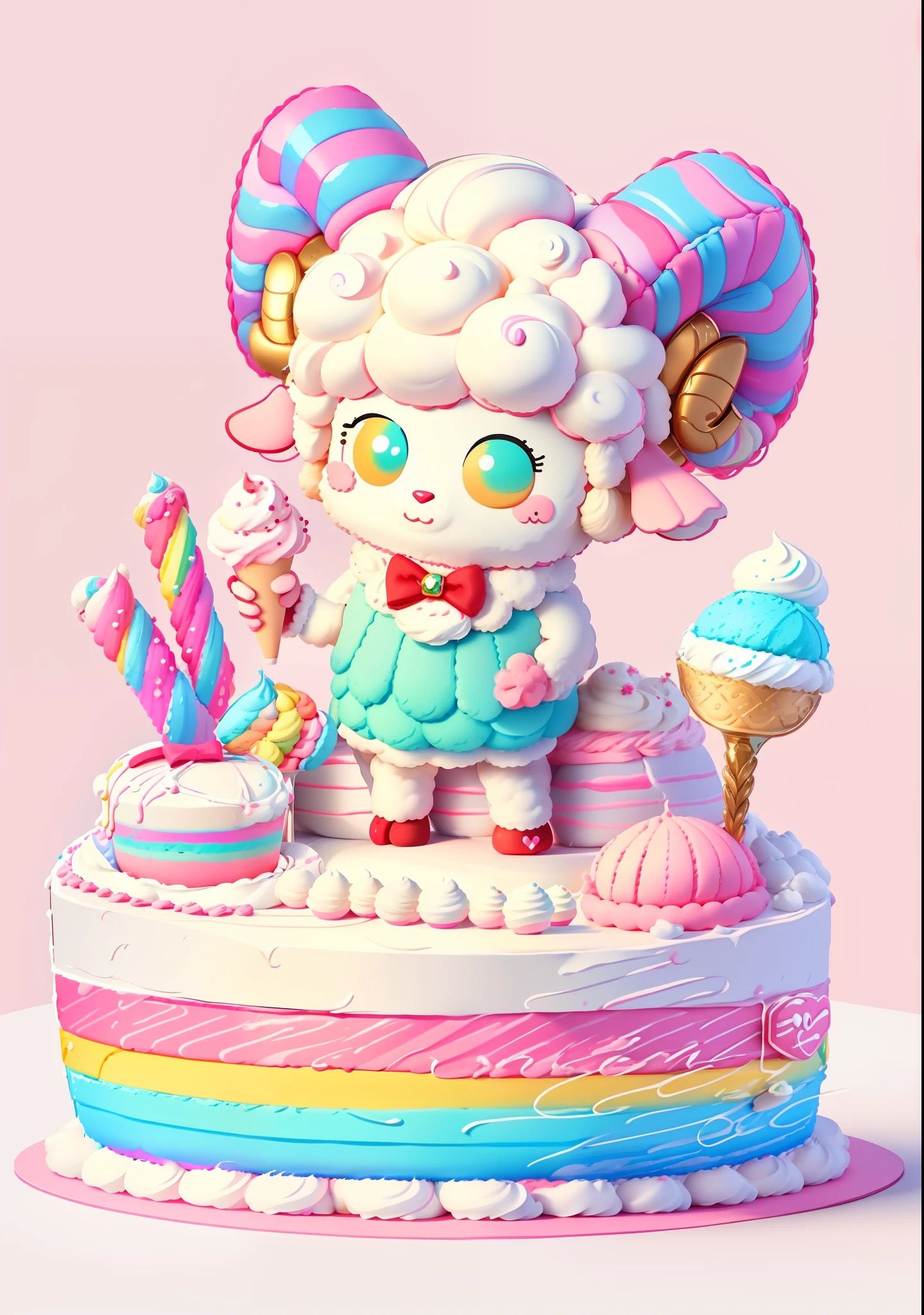 Sheep with ice cream on cake, sheep with red horns, macaron dessert, bow, lollipop, cream, animal crossing character, rainbow sheep like marshmallow, sheep, macaron color, bright color block, bright color, line art, infinite detail, fine painting, beautifully depicted, blank background 8k,