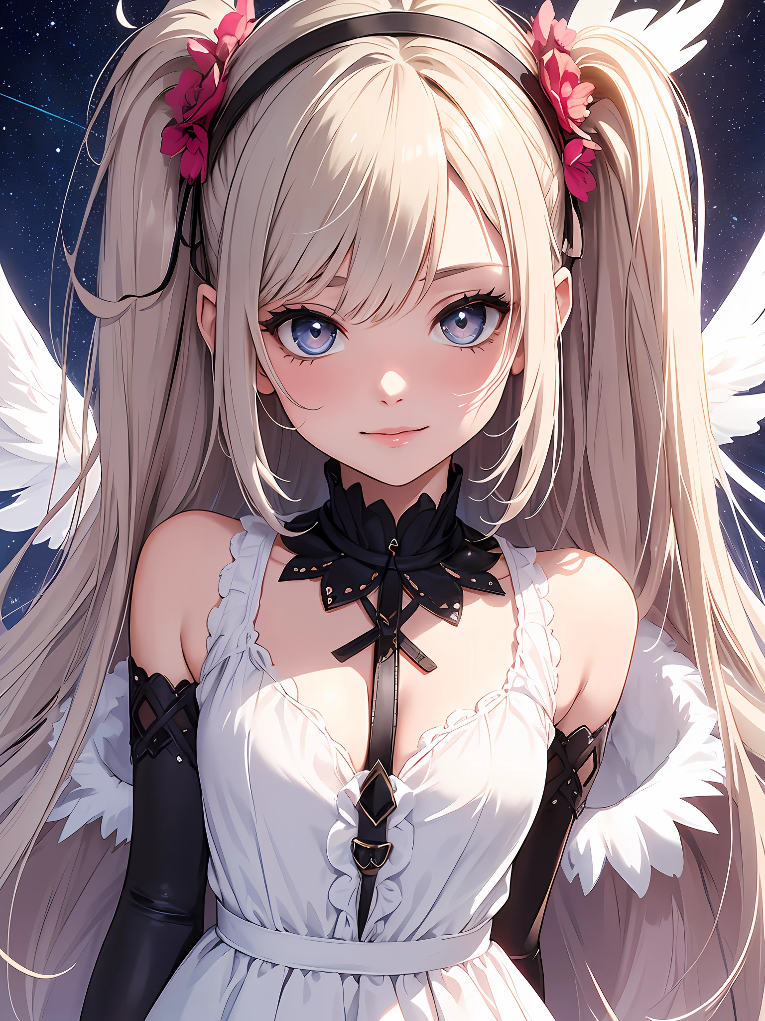 (Masterpiece, Top Quality, Best Quality, Official Art, Beautiful and Aesthetic: 1.2), (1 Girl: 1.3),Break,Solo Angelic Beautiful Girl,No Wings,Break,Big Eyes,Beautiful Detailed Eyes,Dark Colored Eyes,Long Lashes、Break,Break,Blush,Break,High Saturation,Break,Starry Sky,Colorful,Sky,Break,Smile,Break,Bare Shoulders, Mini dress, simple, short, white, sheer, transparent, transparent, break,)