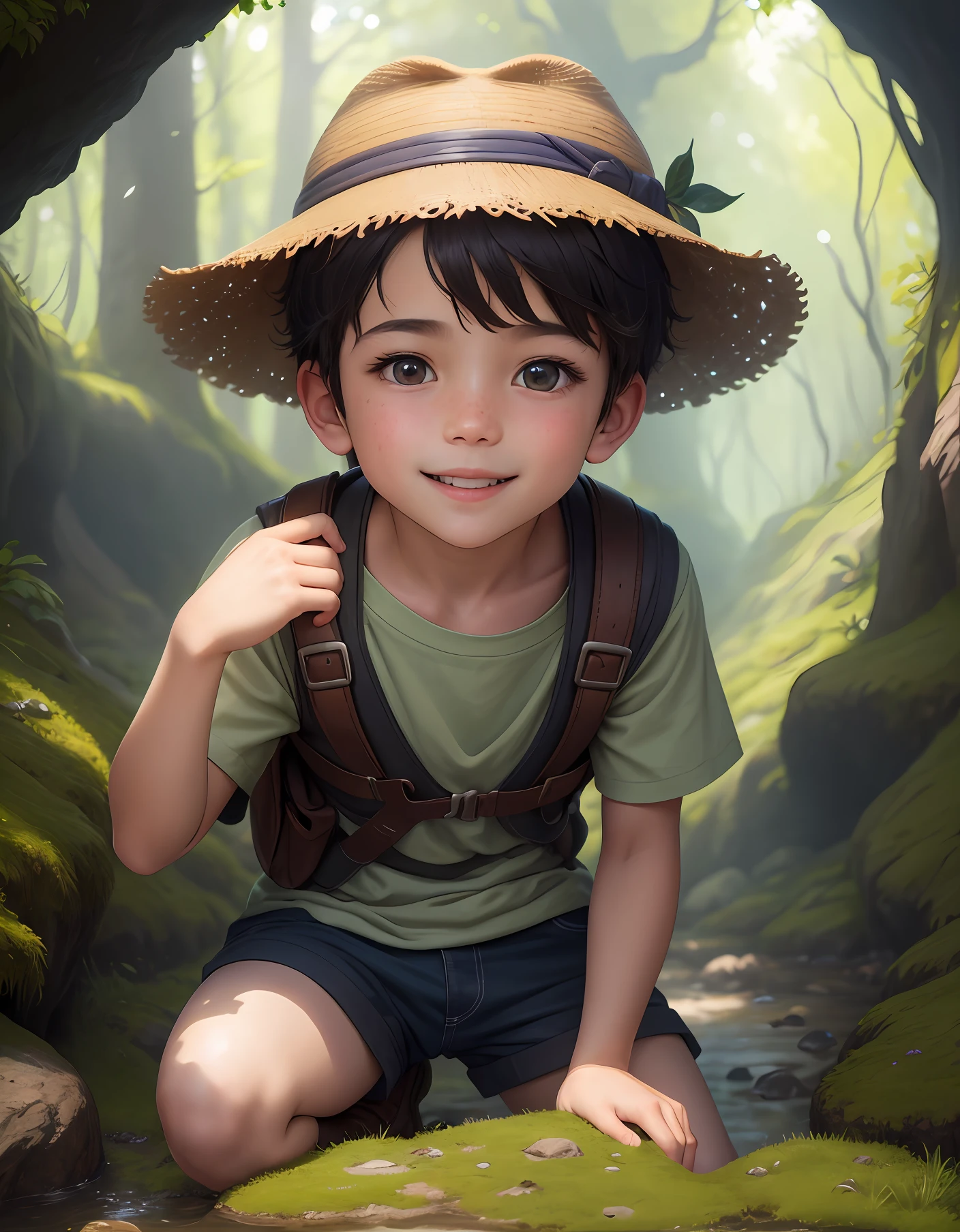 A boy, short hair, looking at a cave, in shorts and boots, hyperrealistic colorful forest playground full of flowers, green grass, happy, happy, with adventurer's hat perfect quality, clear focus, (Masterpiece: 1.2) (Realistic: 1.2) (Bokeh) (Best quality) (Detailed Skin: 1.3) (Intricate Details) (8K) (Detail Eyes) (Sharp Focus), (Happy)