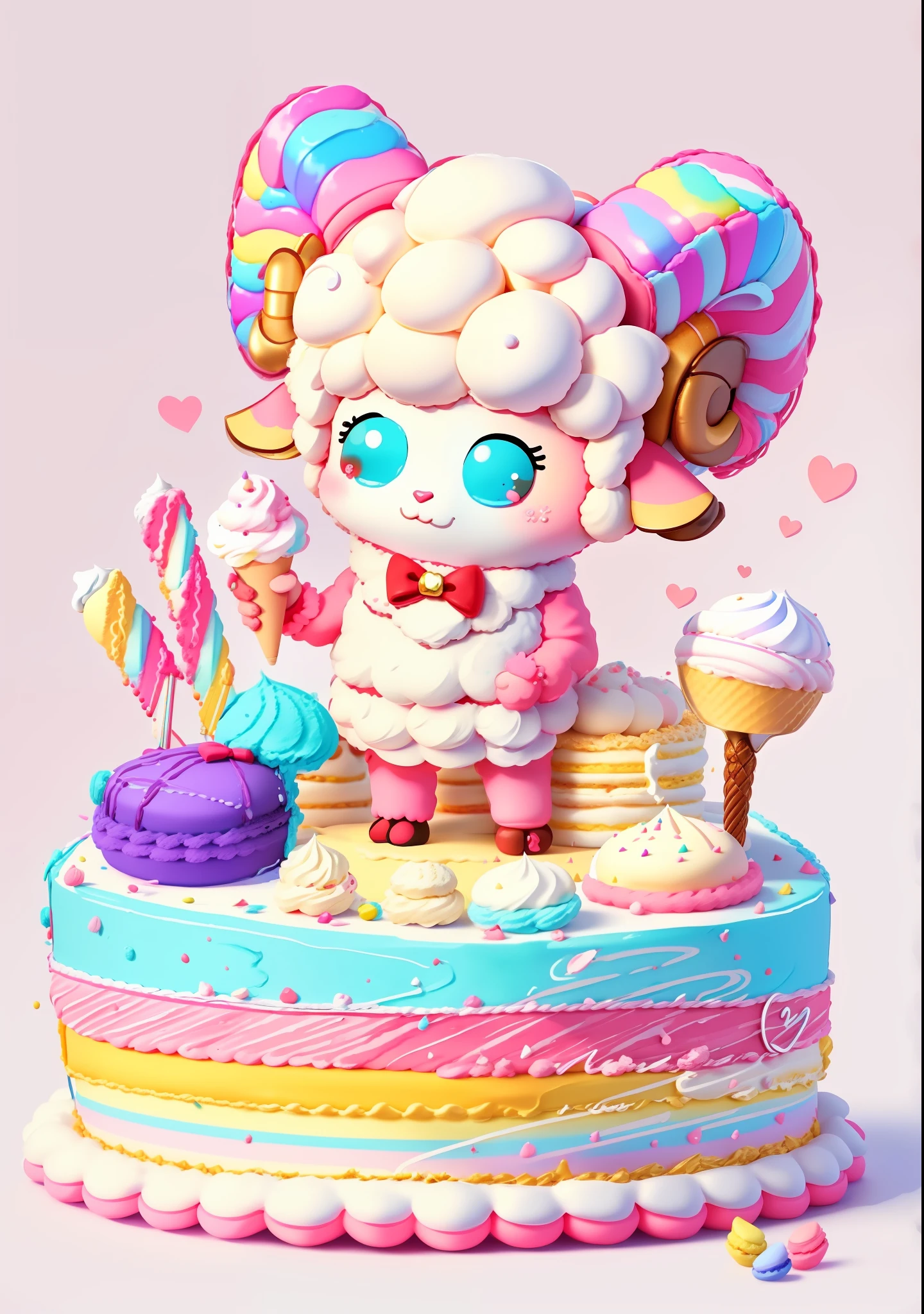 Sheep with ice cream on cake, sheep with red horns, macaron dessert, bow, lollipop, cream, animal crossing character, rainbow sheep like marshmallow, sheep, macaron color, bright color block, bright color, line art, infinite detail, fine painting, beautifully depicted, blank background 8k,