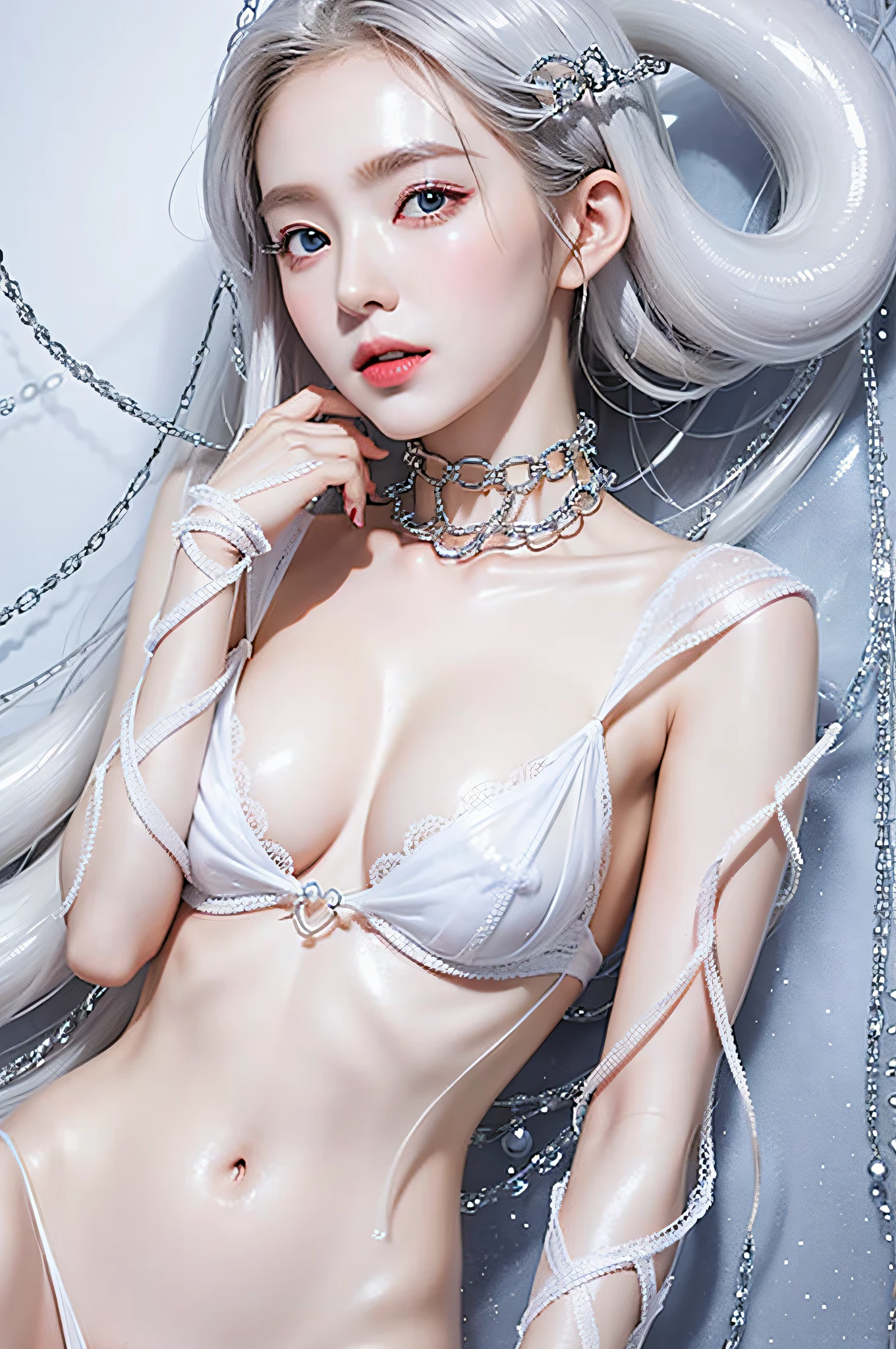 Maiden, bare skin maiden, sticky transparent liquid, lots of tentacles attached to breasts, lying face up, hands separated by chains, struggle, pain, insertion, transparent stockings, transparent dress, silver-white hair, use of ice magic, magic suit, transparent eyes, transparent ice wings