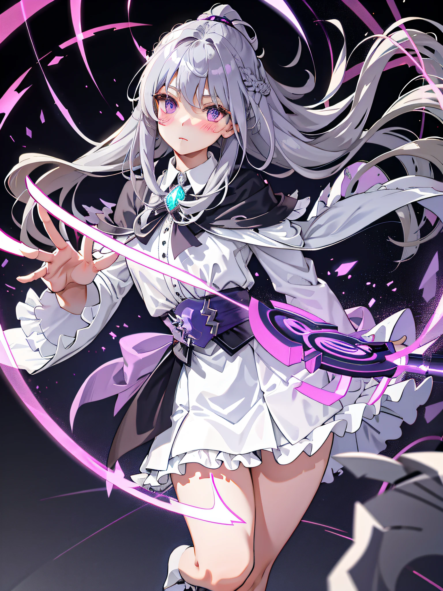 gray hair, semi-long hair, purple eyes, glowing eyes, skirt, blush, mature, recovery magic, wand, day, village