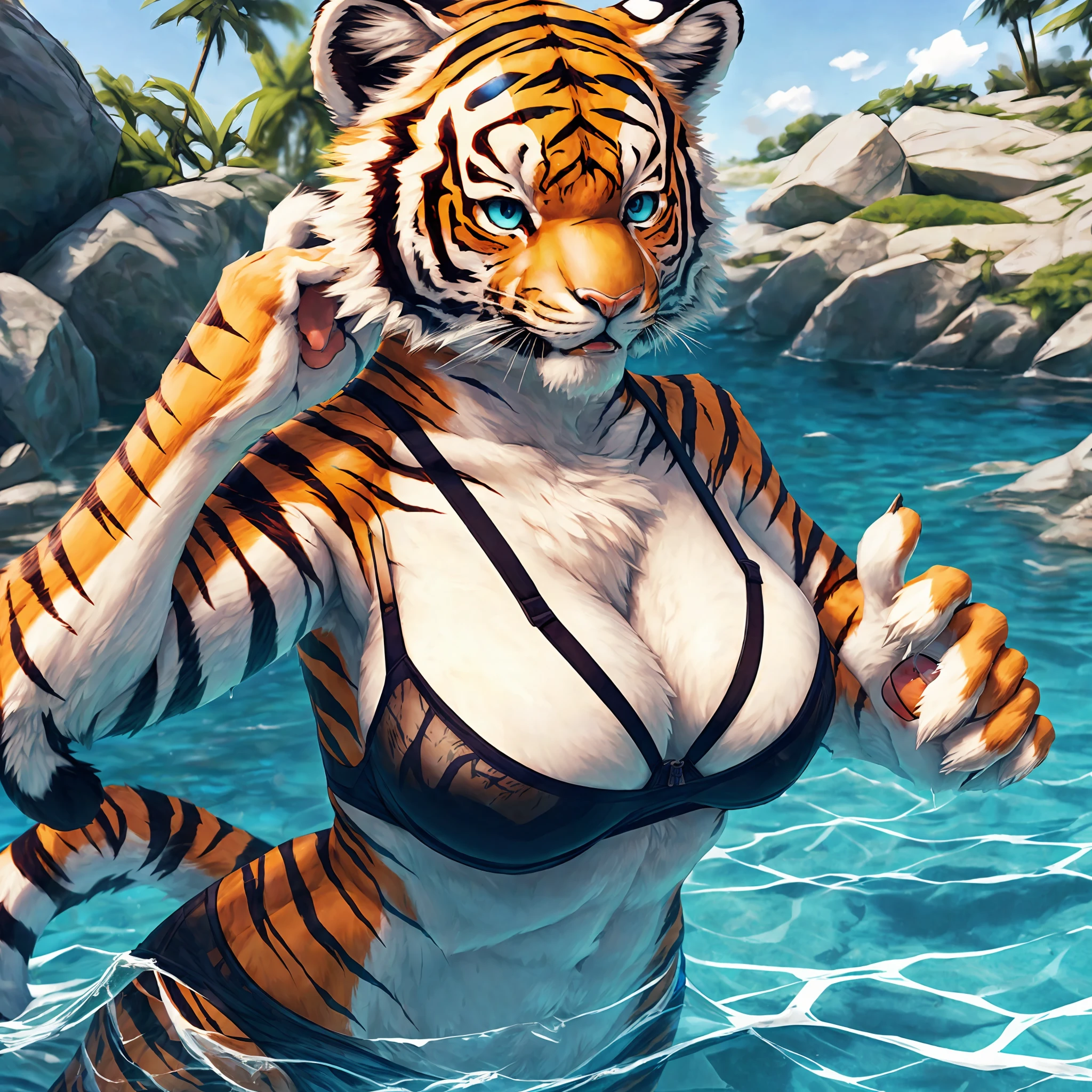 top quality, best quality, super high resolution, detailed background, (highly detailed beautiful face and eyes)absurdres, perfect anatomy((angelic cute 1girl, kemono, solo focus, female))(((furry)))(furry anthro:1.7)((((Furry body, tiger facial features, tiger body features))))((very detailed body fur))full body(joying)swimming suit, see, volumetric lighting, depth of field, One breast visible, Clothes transparent crotch, Areola see-through, Milk protruding, Half-undressed, Wet clothes, Sheer clothing,, Very sheer, Water droplets, See-through, Bra flipping, Polori, Lower breasts, Embarrassing, Show off, Cleavage,