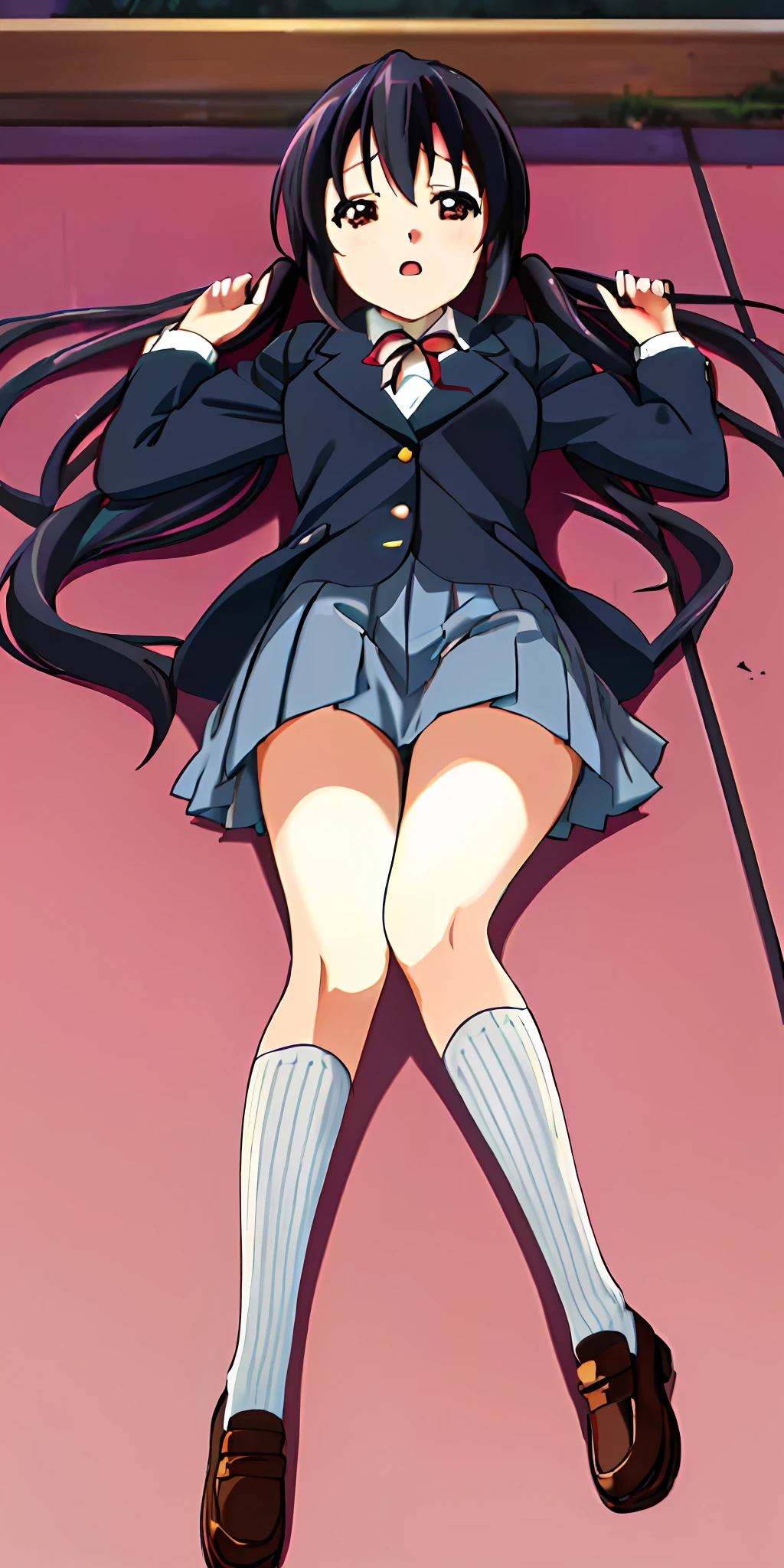 1girl, ((((Masterpiece))), Best Quality, Best Quality, High Detail, Azusa Nakano, 1girl, Sakuragaoka High School Uniform, Musical Instrument, School Uniform, Twin Tails, Long Hair, Black Hair, Brown Eyes, Solo, Red, Dark blue blazer with a thin ribbon of red, Solid white button shirt under blazer, Illustration, Cartoon, Soothing tones, Muted colors, Soft cinematic light, Adobe Lightroom, Photo Lab, HDR, complex and highly detailed, (((depth of field))))). (((Masterpiece))). (((highest quality))).) ((super detail))). (((Illustration))). (((Outside))). (((fighting stance))).,(((Lying down))).dynamic focus.small breasts.. (((Face of sadness))). Open mouth.Close your eyes.Spread your arms.Ground.Lie on your back.