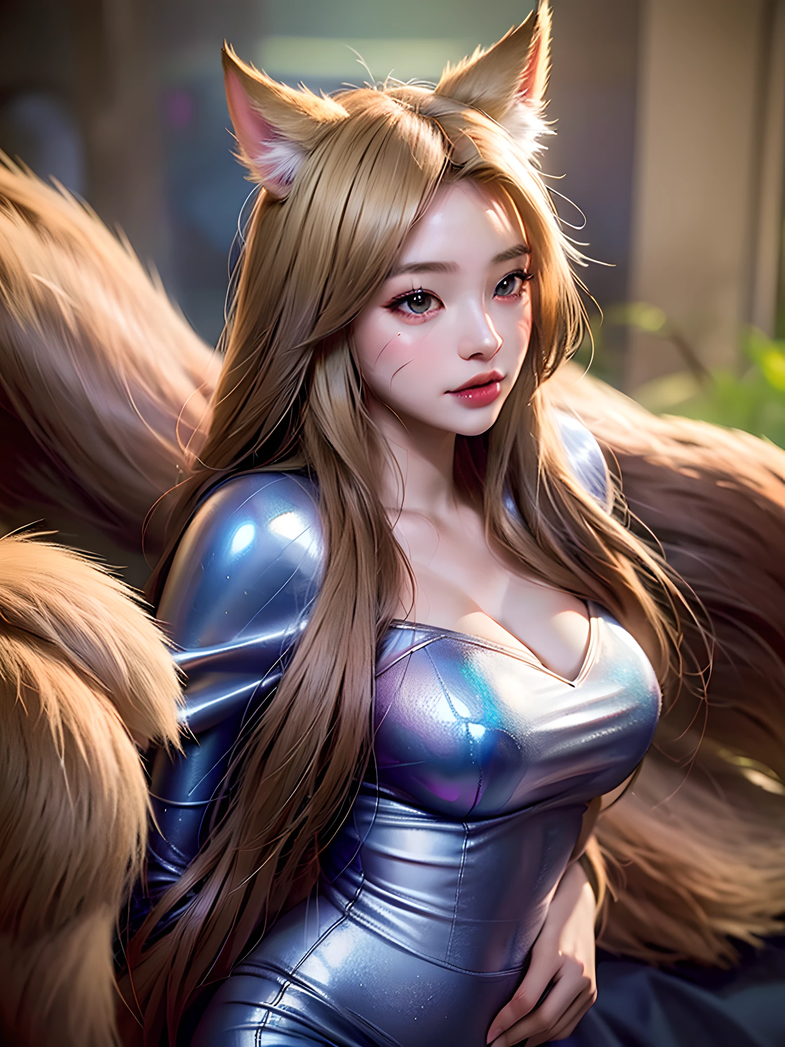 masterpiece, (photorealistic:1.4), best quality, beautiful lighting, 
1girl, upper body, dungeons, fires, magic, fight, highres, silver plate armor, metal pants, knight, ahri \(league of legends\), league of legends, medium breasts, k/da \(league of legends\), animal ears, solo, fox ears, long hair, blonde hair, brown eyes, fox girl, fox tail, k/da ahri, ((multiple tails)), 
RAW photo, 8k uhd, film grain, professional lighting, photon mapping, radiosity, physically-based rendering