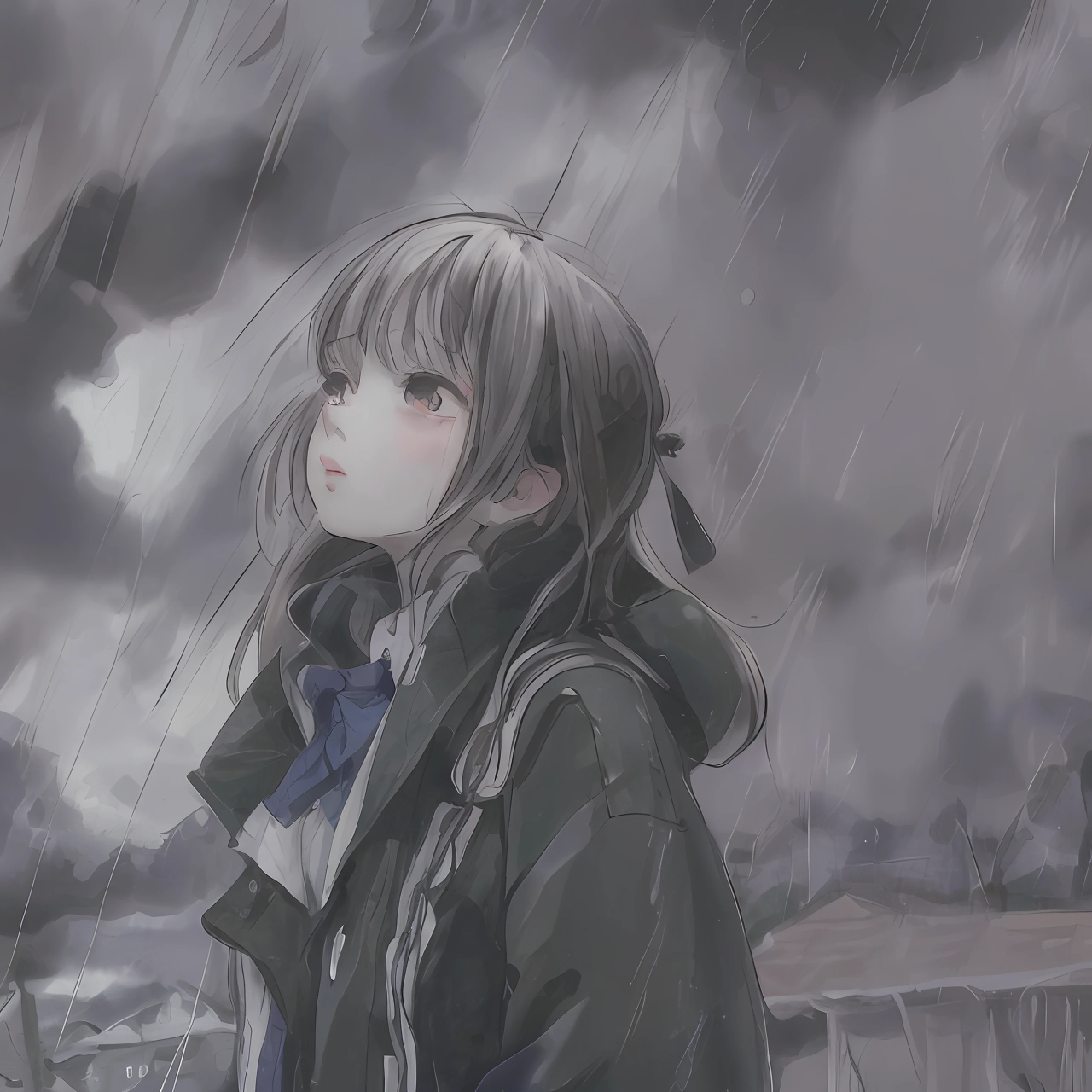 , detailed 1:4, ART anime, Junji Ito style, girl, looking up, confused, rain, morbid environment, --v6