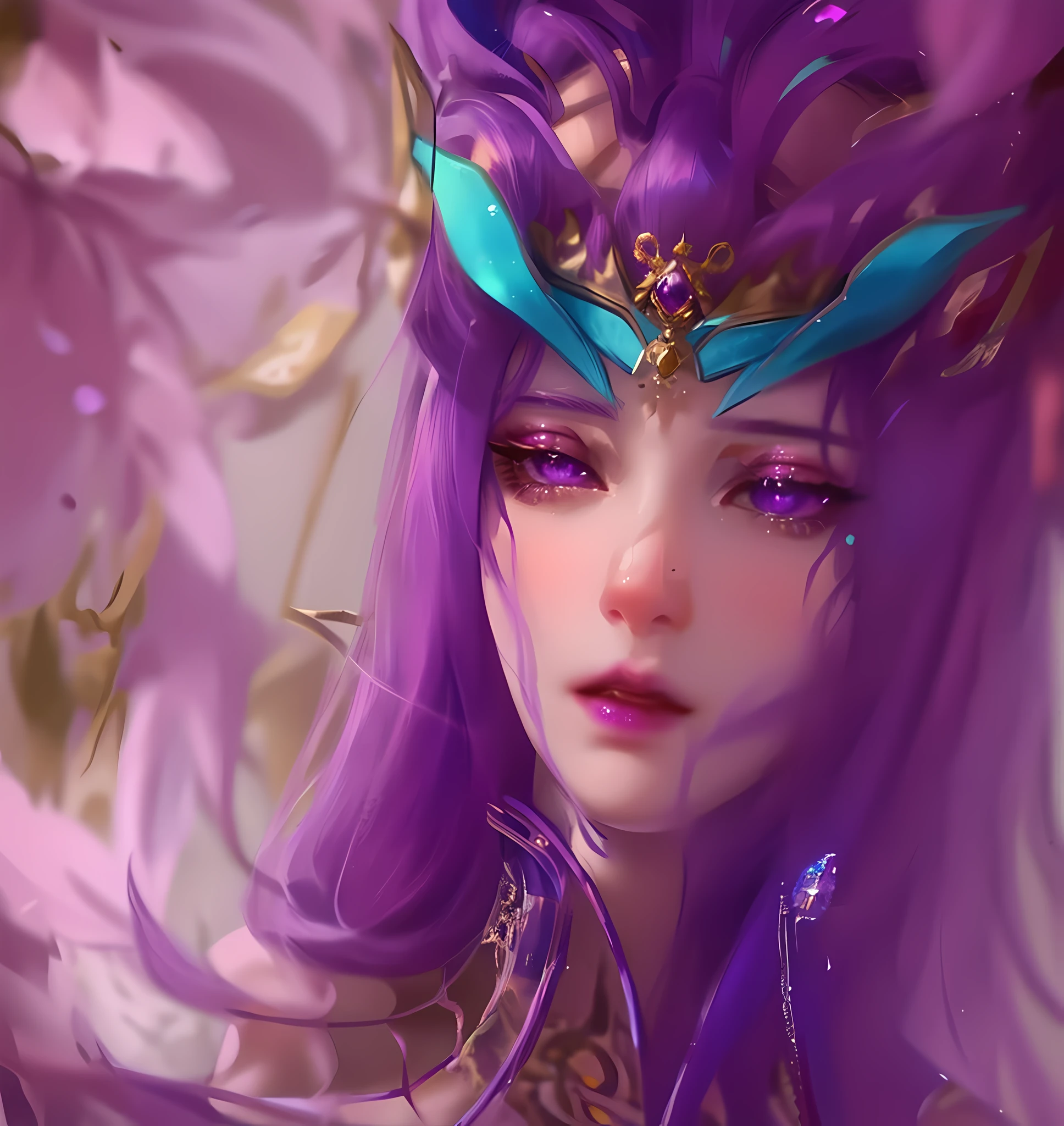 Best Quality, Excellent Picture Quality, 8K Ultra Definition, Masterpiece: 1.2, Super Detailed, Beautiful Character Painting, Inspired by Bibi Dong from "Douluo Continent", epic character art, super detailed costume details, light purple eyes, mouth closed, dark purple crown, dark purple and dark gold clothes, dark purple background, spider gemstone necklace, dark purple lips, half-open eyes, weak expression