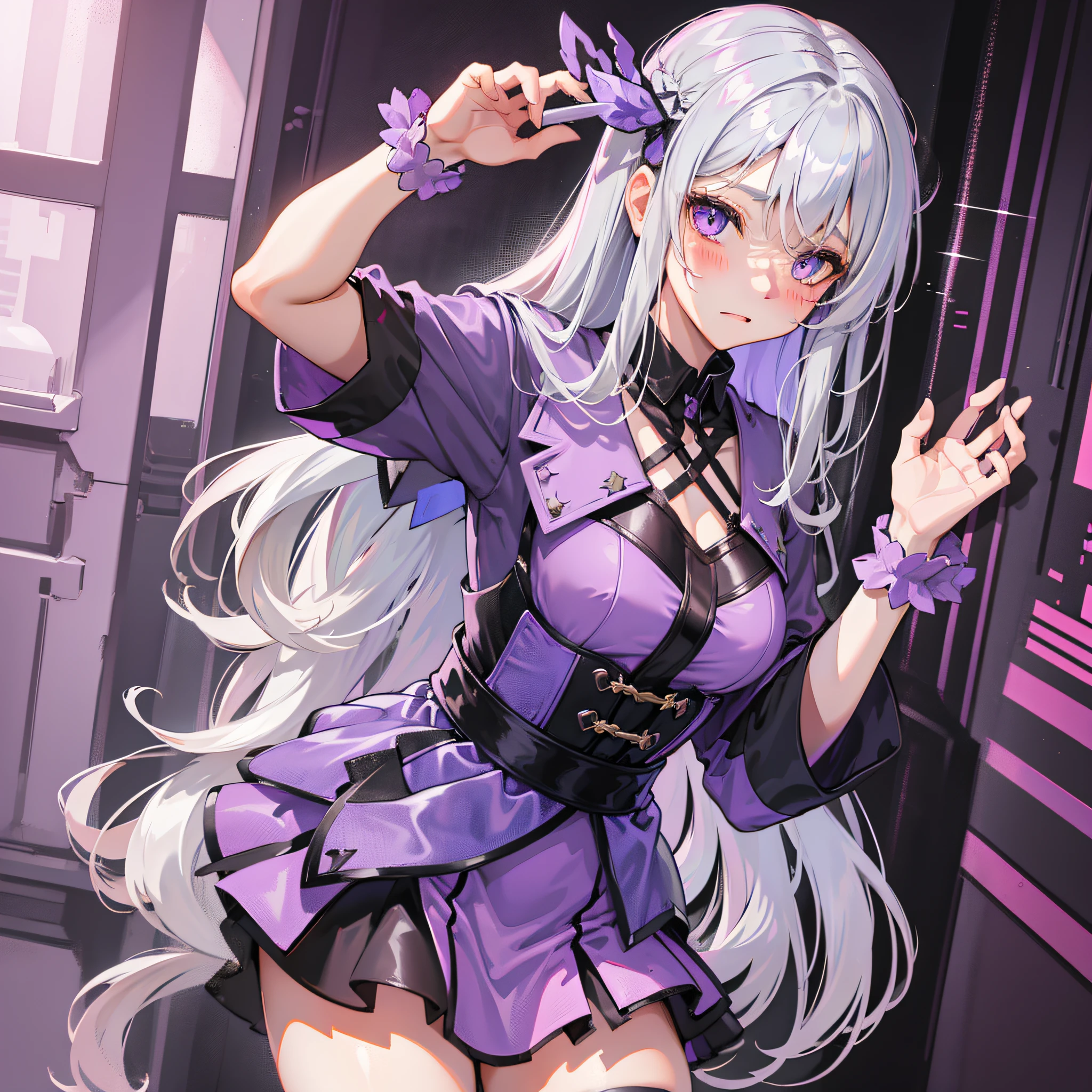 Gray hair, semi-long hair, purple eyes, shining eyes, skirt, blush, mature, recovery wizard, go to accept requests
