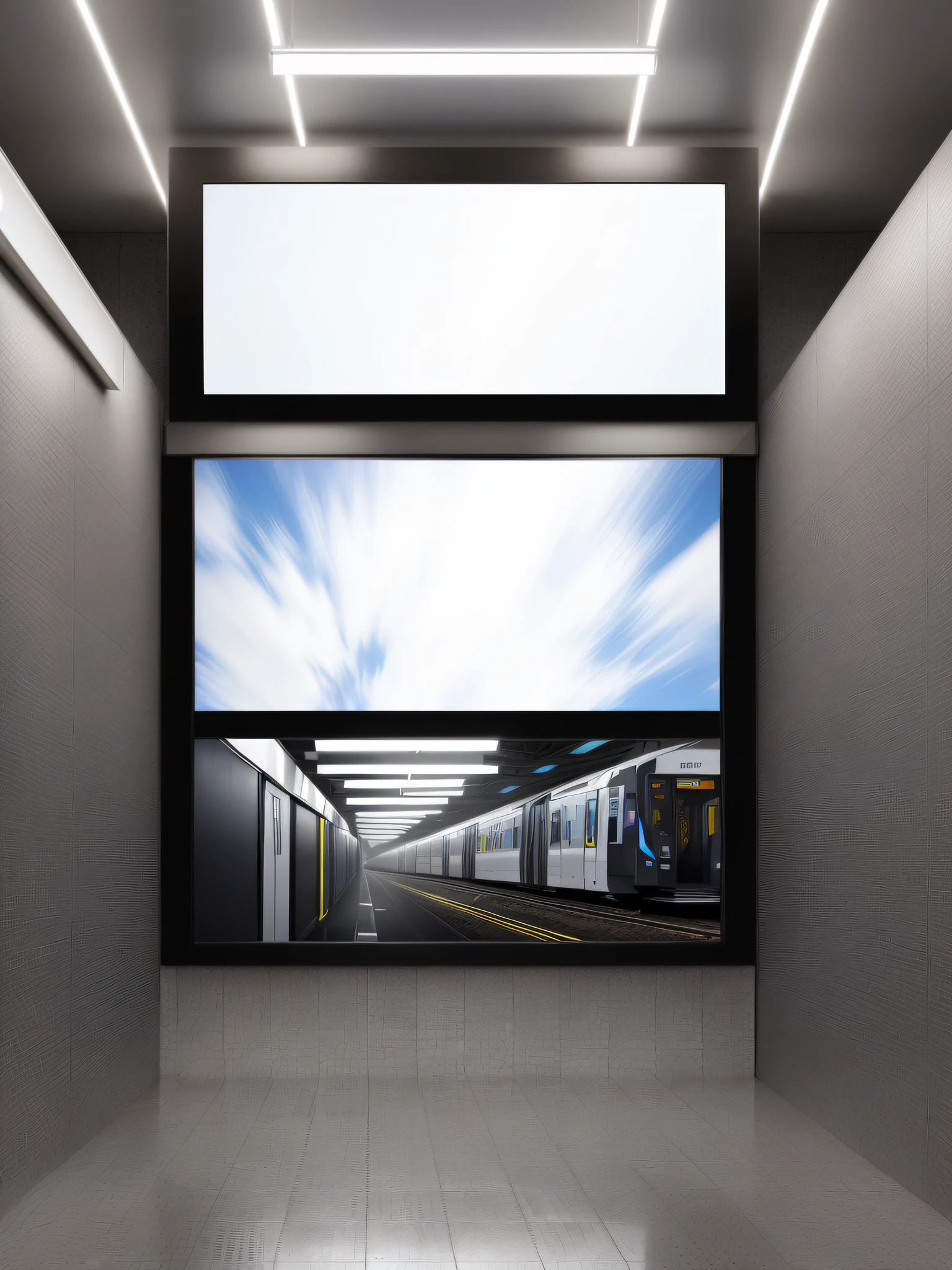 picture of a blank billboard in a public space, vertical movie frame, large vertical blank spaces, light frame, metal framed portal, panel of black, plasma display, inside a frame on a tiled wall, full view blank background, black border, blank background, white space in middle, black oled background, New Zealand metro subway.