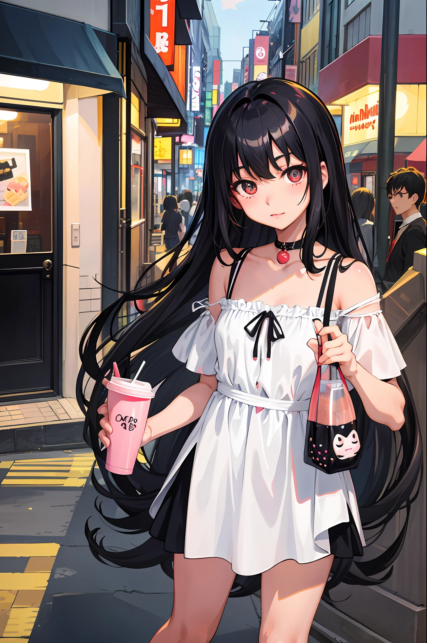 Original character, voluminous lighting, long black hair, lip gloss, urban café, summer dress, harajuku takeshita street, popsicle