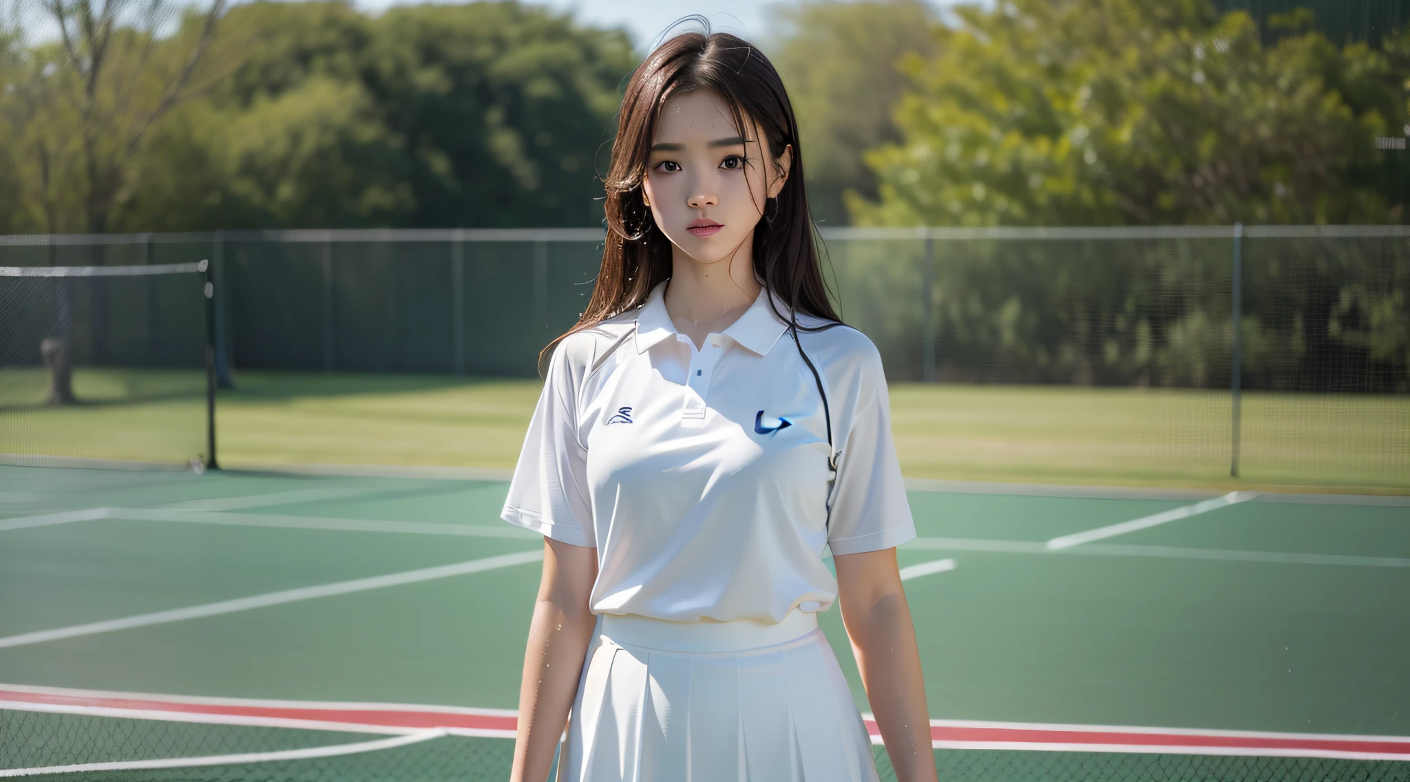 (8K, Best Quality, Masterpiece: 1.2), (Realistic, Realistic: 1.37), Ultra Detailed, Best Quality, Ultra High Resolution, Professional Lighting, Photon Mapping, Teleportion, Physically Based Rendering, Cinematic Lighting, Clear Sky, Basketball Court, Depth of Field, Clear Focus, Sunlight, Good Composition, (Bokeh: 1.2) 1girl, Solo, (Full Body), (With Mouth Closed), Beautiful and Detailed Eyes, Posture, Narrow Waist, Tennis Skirt, Tennis Uniform, Brunette Hair, Messy Hair, ( ulzzang-6500: 1.2), (rain, wet shirt, wet hair, wet clothes: 1.2),