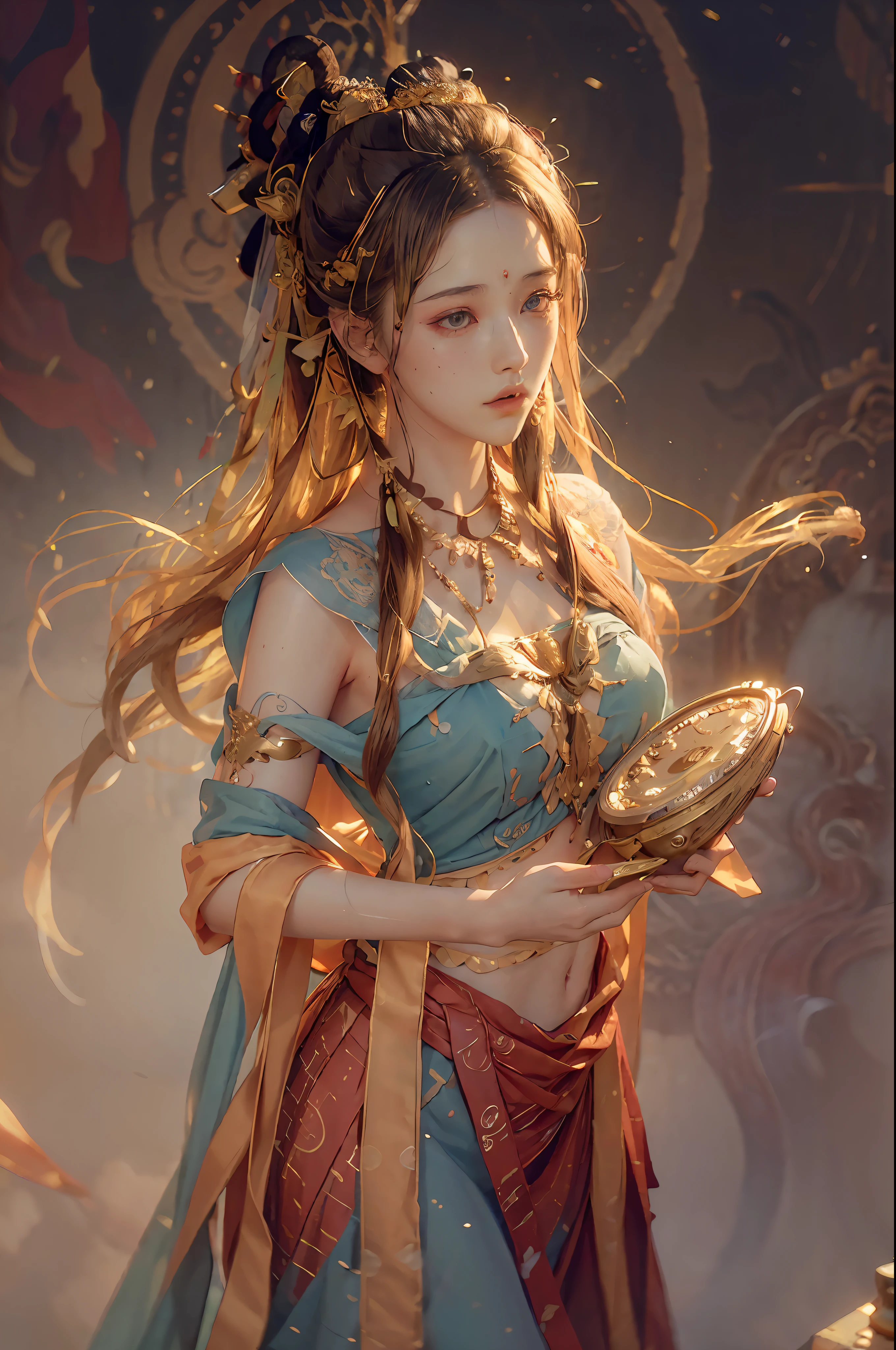 (RAW photo, best quality), (realistic, photo-realistic:1.3),best quality,highly detailed,masterpiece,ultra-detailed,illustration,1girl,upper_body,dynamic angle,world masterpiece theater,messy_long_hair,best quality,extremely detailed CG unity 8k wallpaper,ink,Amazing,cinematic lighting,lens_flare,,dunhuang_style