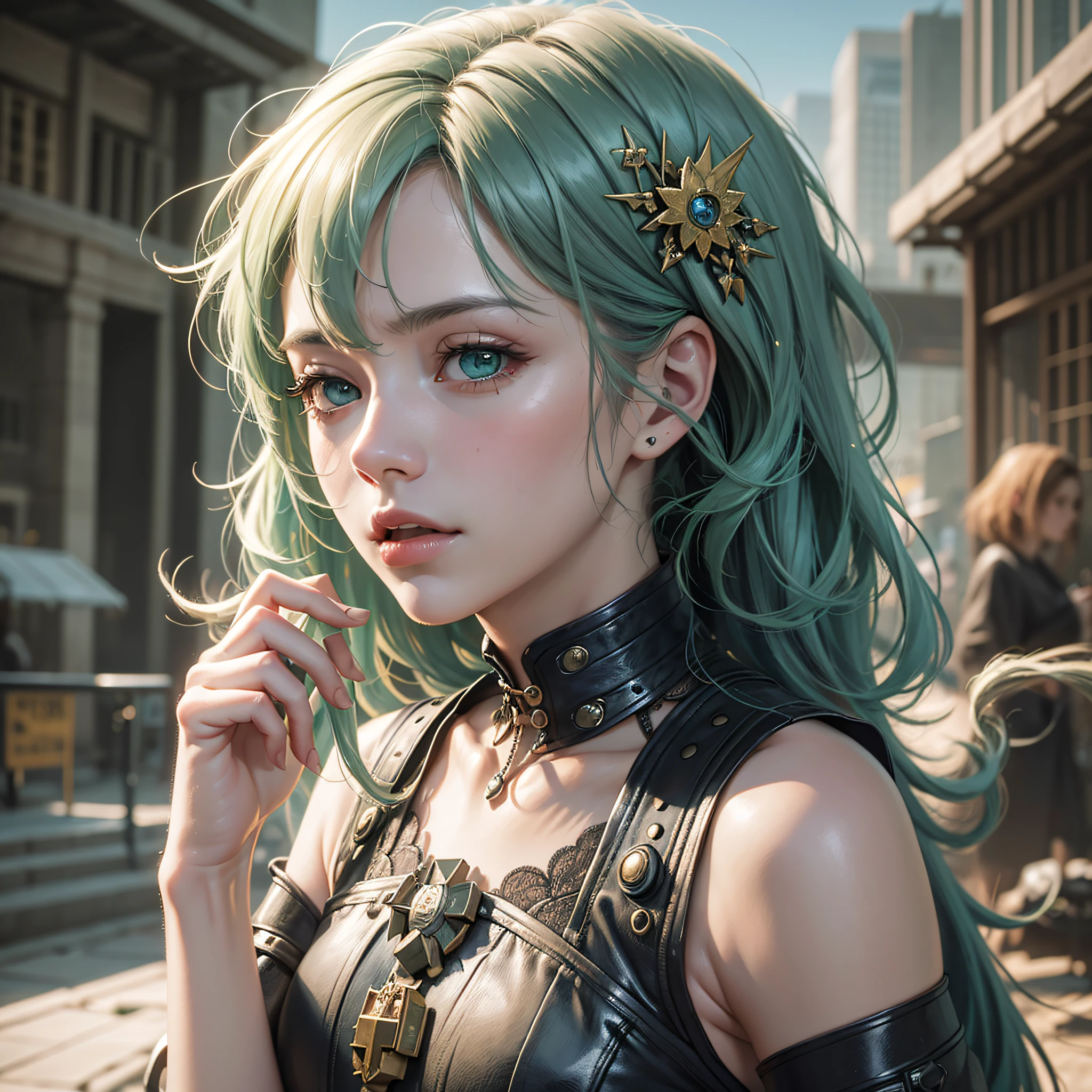 A portrait of a lonely beauty zombie girl alone in a crowd, alabaster skin, grunge suit, gangly background, dubious poses, perfect face, hyper detailed, Dead inside, green eyes, (extremely detailed CG Unity 8K wallpaper), the most beautiful artwork in the world, Atey Ghailan, in the style of Studio Ghibli, by Jeremy Mann, Greg Manchess, Antonio Moro, Intricate, high detail, photorealistic painting art by Midjourney and Greg Rutakowski, matte, Bryan organ, extremely detailed Unity 8K CG wallpaper, high detail, photorealistic painting art by Midjourney and Greg Rutakowski, matte, Bryan organ, extremely detailed Unity 8K CG wallpaper, high detail, photorealistic painting art by Midjourney and Greg Rutzowski, Matte, Bryan organ, extremely detailed CG Unity 8K wallpaper, High detail, photorealistic painting art by Midjourney and Greg Rutakowski, matte, Bryan organ --auto --s2