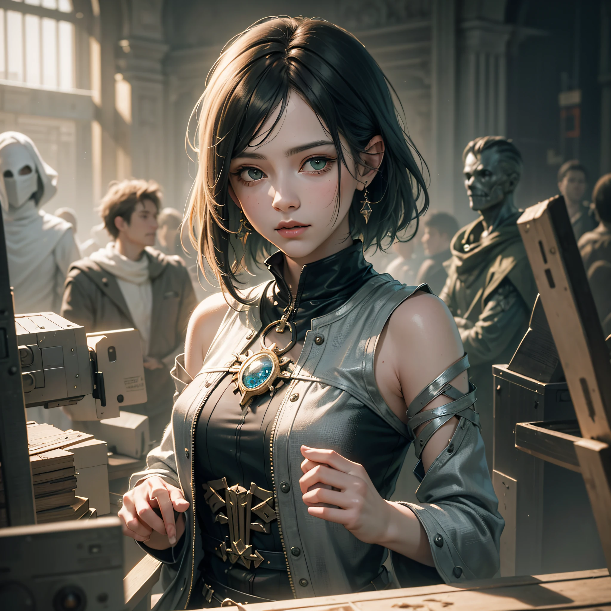 A portrait of a lonely beauty zombie girl alone in a crowd, alabaster skin, grunge suit, gangly background, dubious poses, perfect face, hyper detailed, Dead inside, green eyes, (extremely detailed CG Unity 8K wallpaper), the most beautiful artwork in the world, Atey Ghailan, in the style of Studio Ghibli, by Jeremy Mann, Greg Manchess, Antonio Moro, Intricate, high detail, photorealistic painting art by Midjourney and Greg Rutakowski, matte, Bryan organ, extremely detailed Unity 8K CG wallpaper, high detail, photorealistic painting art by Midjourney and Greg Rutakowski, matte, Bryan organ, extremely detailed Unity 8K CG wallpaper, high detail, photorealistic painting art by Midjourney and Greg Rutzowski, Matte, Bryan organ, extremely detailed CG Unity 8K wallpaper, High detail, photorealistic painting art by Midjourney and Greg Rutakowski, matte, Bryan organ --auto --s2