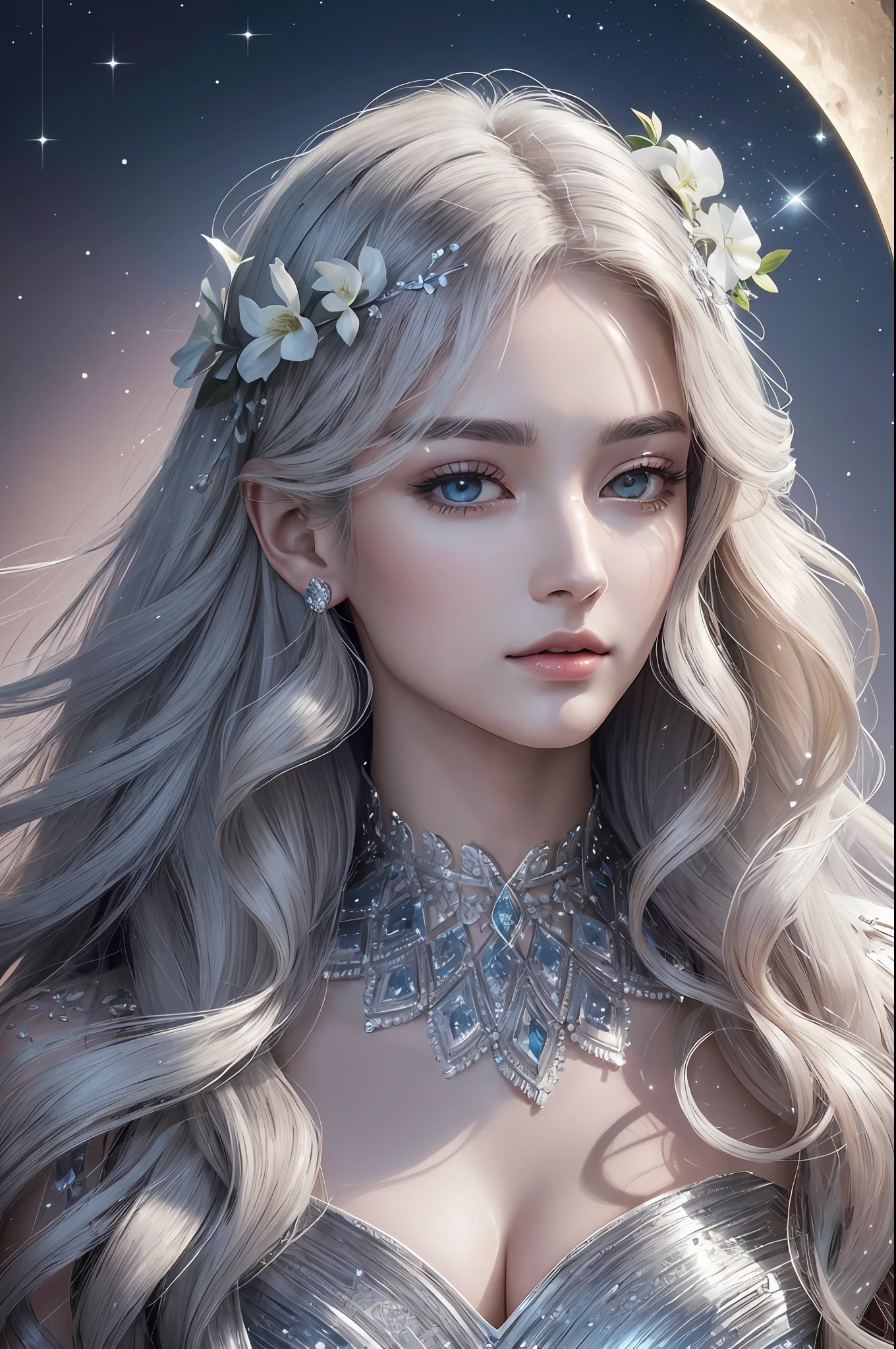 Absurd, ultra-detailed, high quality, masterpiece, detailed face, beautiful eyes, Artemis, the goddess of the hunt and the moon, possesses a beauty that is both wild and ethereal, Artemis has eyes that shimmer like the silver glow of moonlight on a calm night. Her gaze is keen and piercing, Her face is characterized by a sense of timeless beauty, with delicate yet. Her high cheekbones and well-defined jawline lend an air of elegance, while her skin carries a luminous, pale radiance akin. Artemis’ hair flows freely, unrestrained by convention. It cascades in waves or curls. It can be the color of moonlit silver.