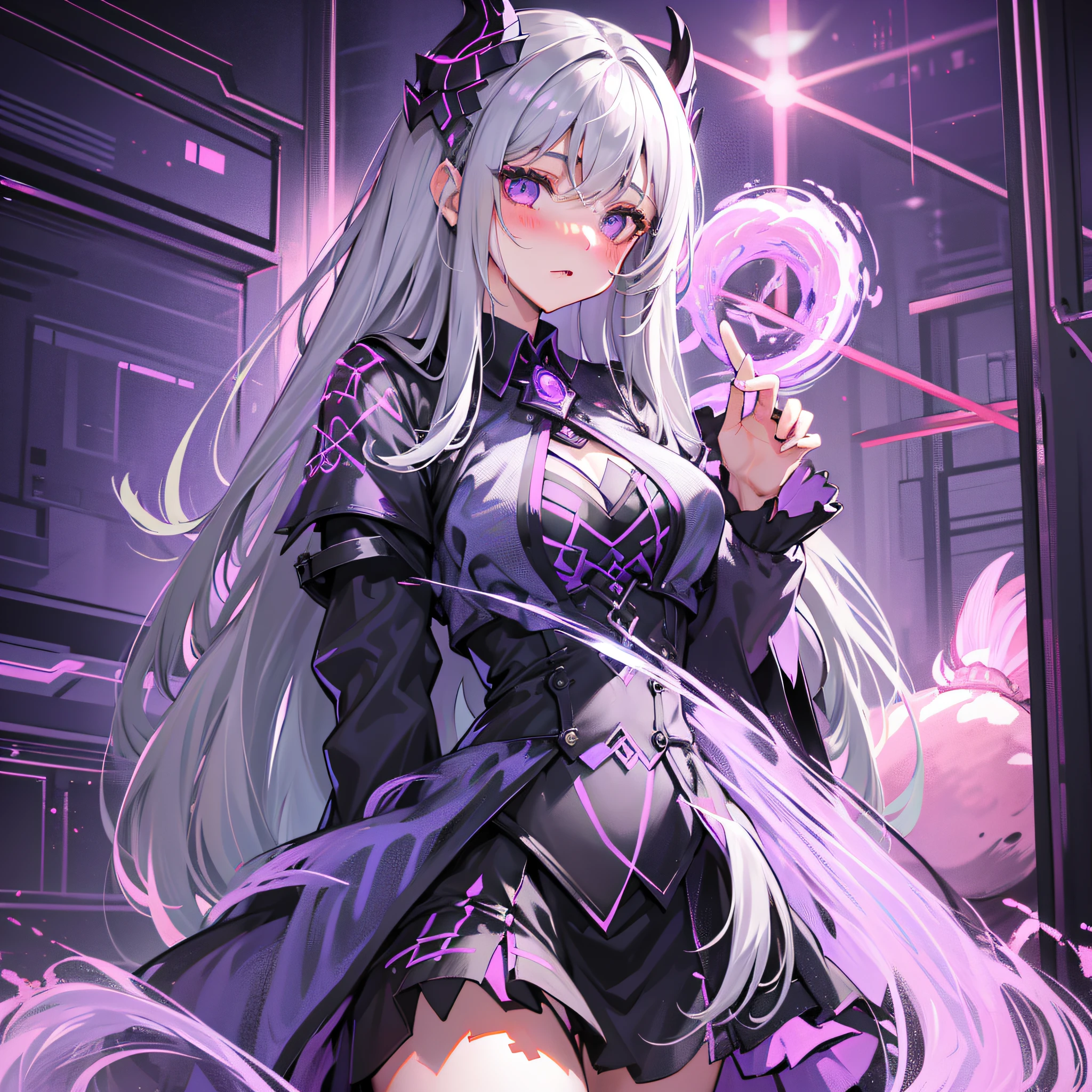 gray hair, semi-long hair, purple eyes, glowing eyes, skirt, blush, night, mature, recovery wizard