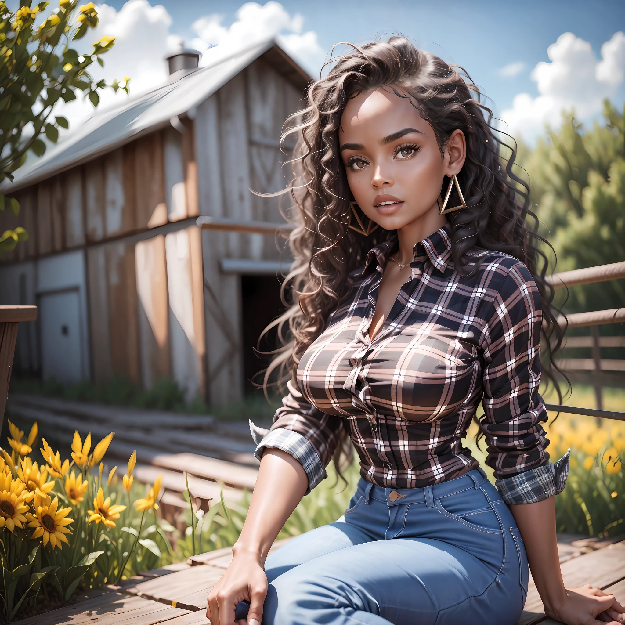 (detailed:1.15), (HD, Ultra Detailed) a Malaika Terry, dark eyes, wearing (plaid shirt) and jeans, on a farm, 8k barn
