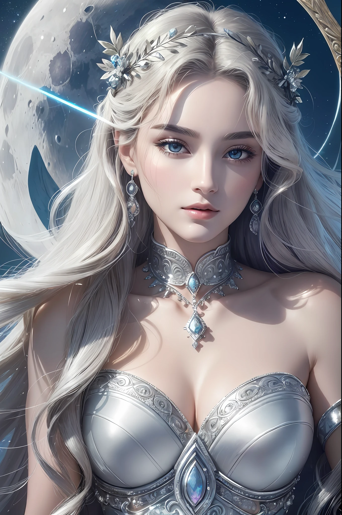 Absurd, ultra-detailed, high quality, masterpiece, detailed face, beautiful eyes, Artemis, the goddess of the hunt and the moon, possesses a beauty that is both wild and ethereal, Artemis has eyes that shimmer like the silver glow of moonlight on a calm night. Her gaze is keen and piercing, Her face is characterized by a sense of timeless beauty, with delicate yet. Her high cheekbones and well-defined jawline lend an air of elegance, while her skin carries a luminous, pale radiance akin. Artemis’ hair flows freely, unrestrained by convention. It cascades in waves or curls. It can be the color of moonlit silver.