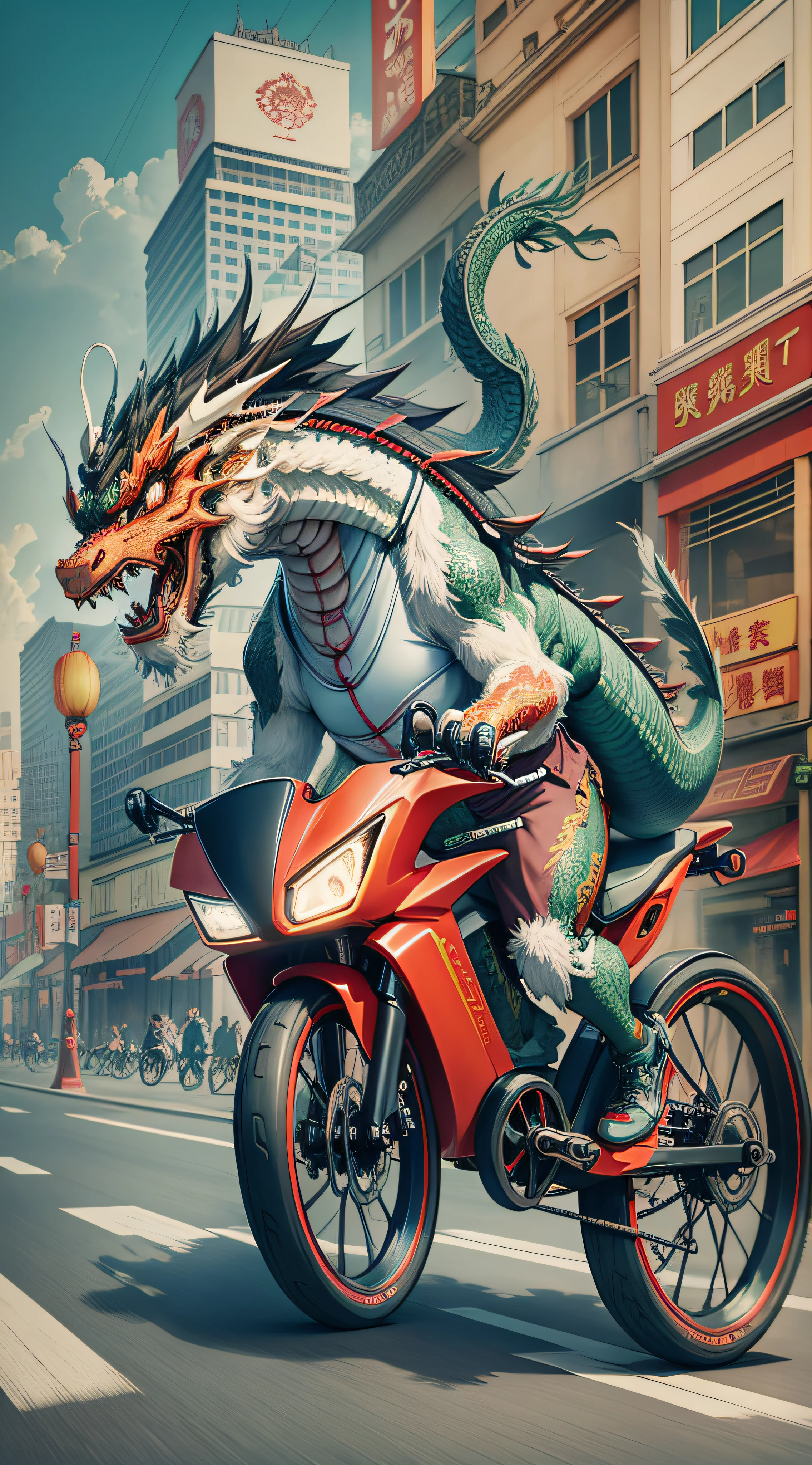 (chinese dragon), (riding an electric bike).