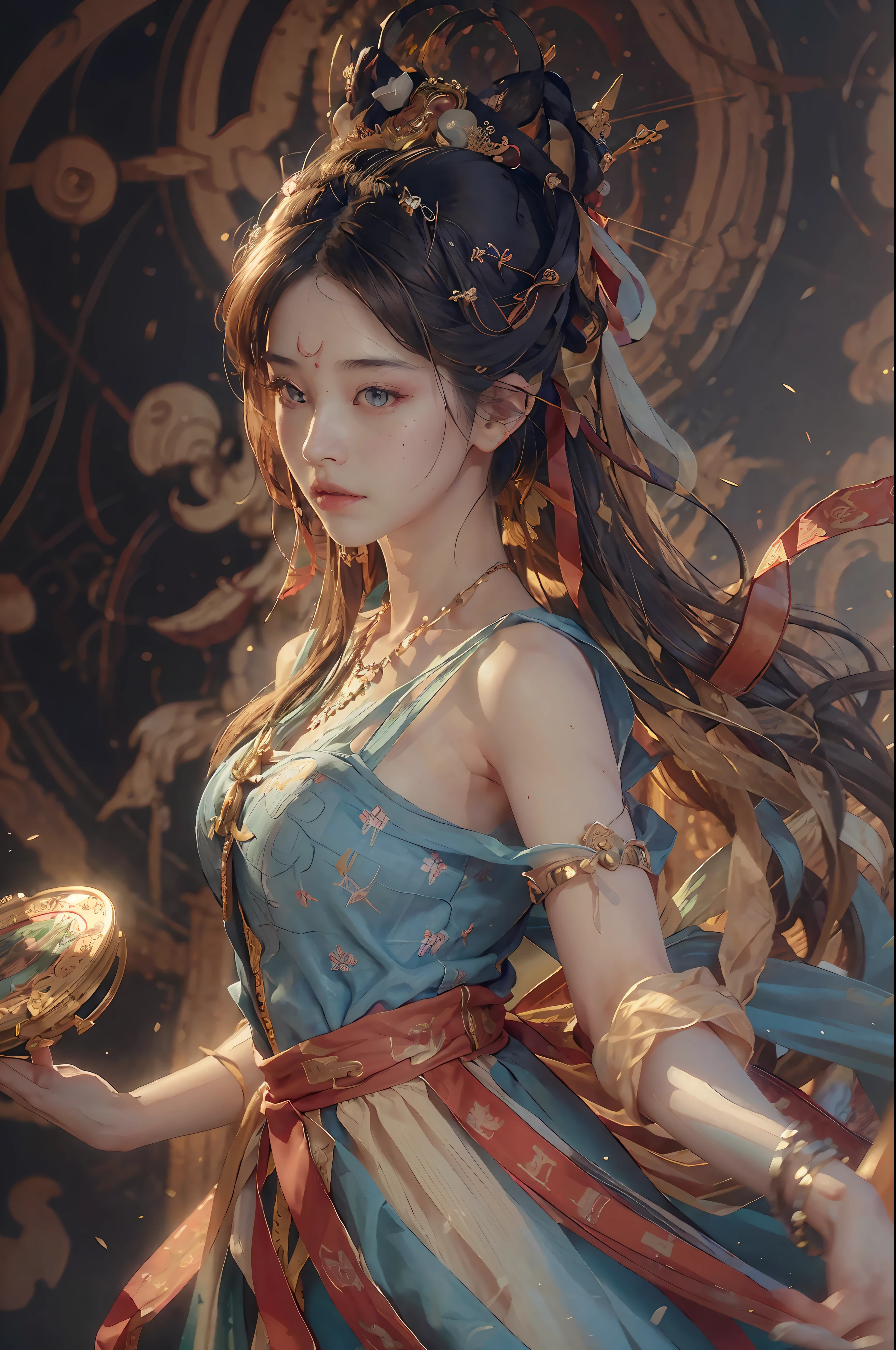 (RAW photo, best quality), (realistic, photo-realistic:1.3),best quality,highly detailed,masterpiece,ultra-detailed,illustration,1girl,upper_body,dynamic angle,world masterpiece theater,messy_long_hair,best quality,extremely detailed CG unity 8k wallpaper,ink,Amazing,cinematic lighting,lens_flare,,dunhuang_style