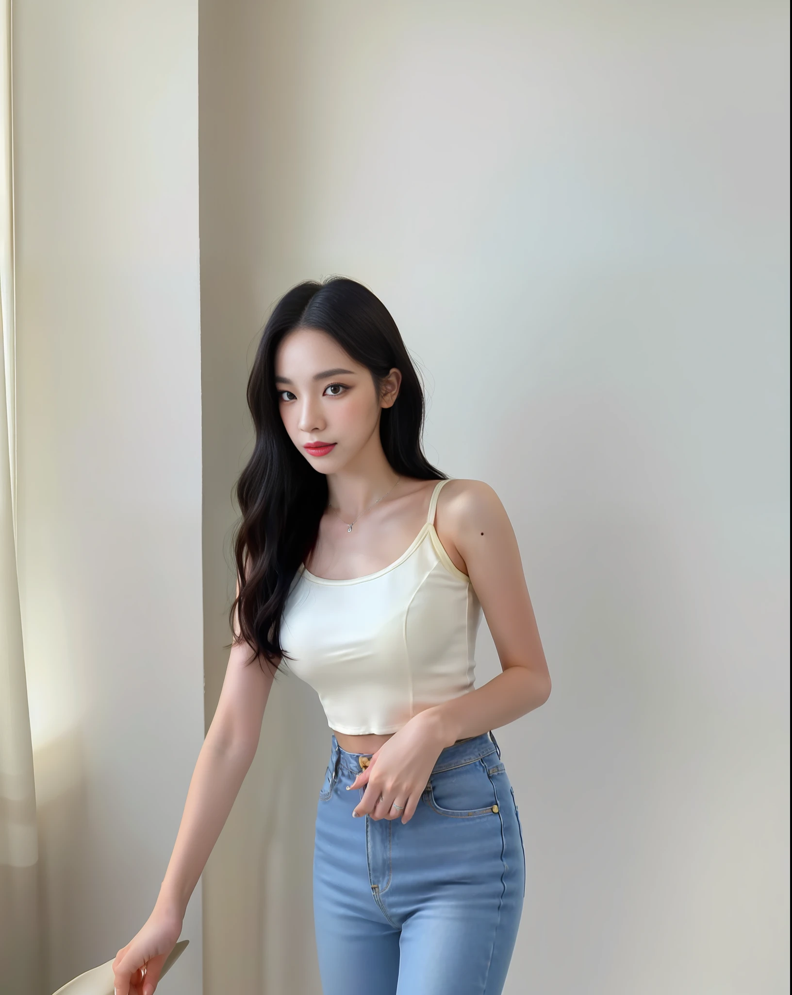 Gorgeous young Korean woman wearing a camisole and jeans, photo of slim girl, wearing tight simple clothes, wearing a tank top, wearing a camisole, gorgeous young korean woman, white top, korean woman fashion model, 8k, RAW photo, top quality, masterpiece: 1.2), ultra detailed, super resolution, portrait (real, real photo: 1.37) Highly detailed, high-definition RAW color photos, professional photos, very detailed and beautiful, very detailed, highly detailed, highly detailed beautiful girl, highly detailed face, highly detailed eyes, highly detailed skin, highly detailed fingers, very detailed hands, very detailed nose, highly detailed detailed mouth, perfect anatomy, highly detailed background, highly detailed clothing, , sharp, focus: 1.2, realistic, navel, exposed Slender abs: 1.2, beautiful woman with perfect figure: 1.4, beautiful big, big breasts, ((kpop idol: 1.3)), Korean girl, Karina from Espa, 1 large prominent black mole in the lower left of the lips: 1.0, 1 large prominent black mole in the lower left of the lip: 1.0, 1 large prominent black mole in the lower left of the mouth: 1.0, wavy black hair, beautiful black eyes, black eyes, Woman with eyes looking diagonally down, eyes looking diagonally down, natural makeup, no makeup, light makeup, smile