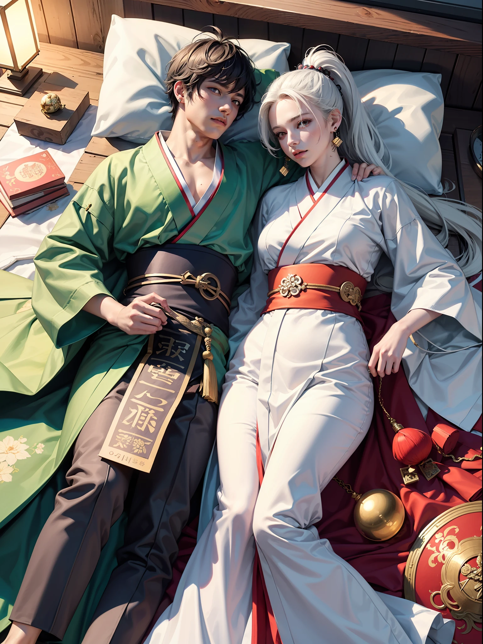 Concept Art, "1 Couple, Male Focus, Finned Ears, Multicolored Hair, Handsome Boy, Long White Hair, Tassels, Bangs, Carp, Colorful, Bold Colors, White Kimono, (Open) Kimono, Traditional Chinese Clothing, Close-up, Lying in Bed, Stud Earrings, Rings, Sweat, Illuminating People", Colorful, Master Composition with Focus on Key Figures, Realism, Masterpiece, Award-Standing, Best Quality, Masterpiece, Ultra Detailed, 8K, Extremely detailed CG Unity 8k wallpaper, complex, highly detailed, realistic